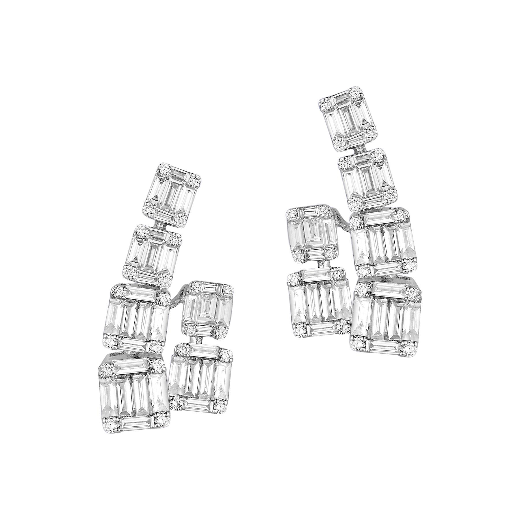 Gorgeous 18 Karat White Gold Unusual, Hanging Earrings with over 100 Diamonds For Sale