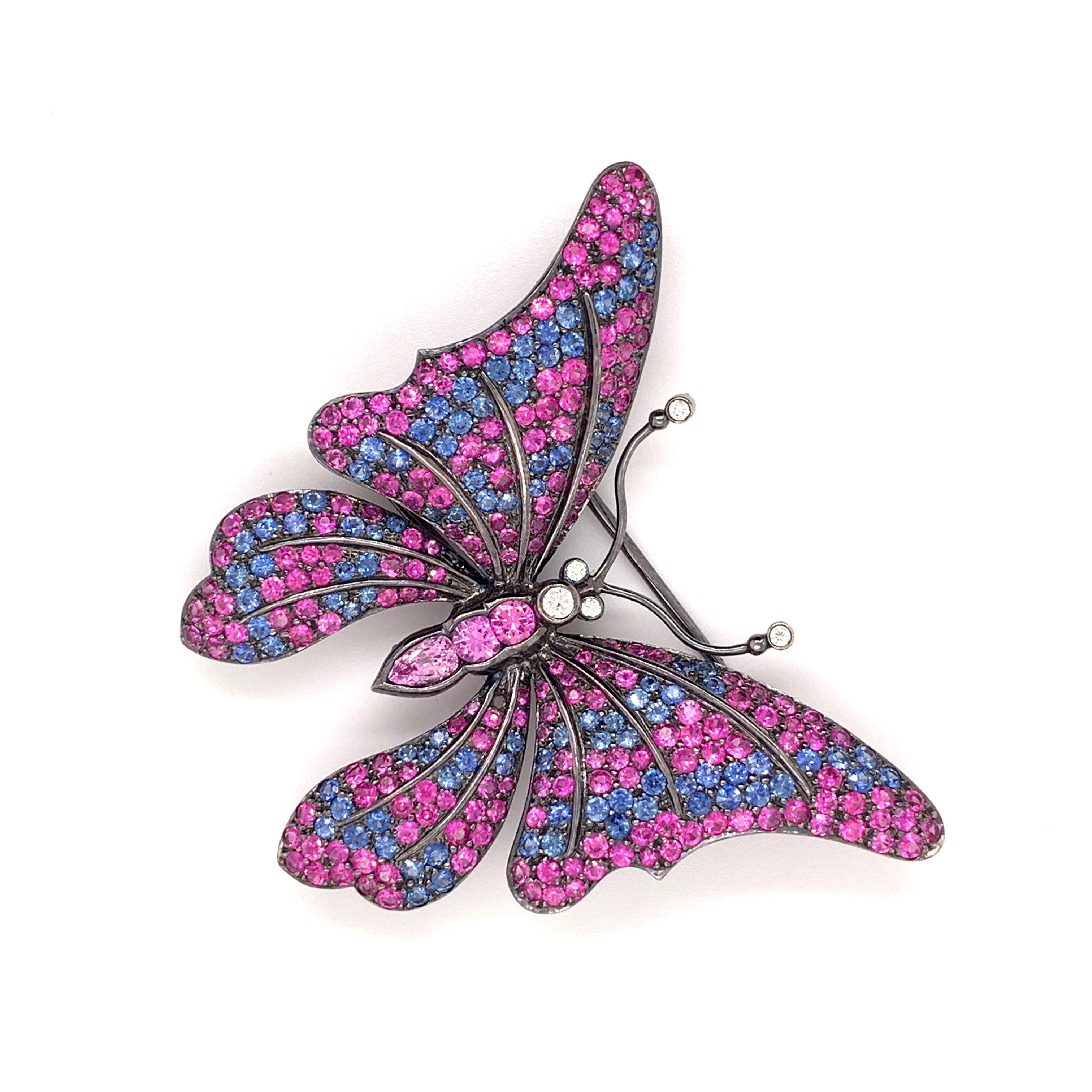Round Cut Sophia D, 8.80 Carat Pink and Blue Sapphire Butterfly Brooch For Sale