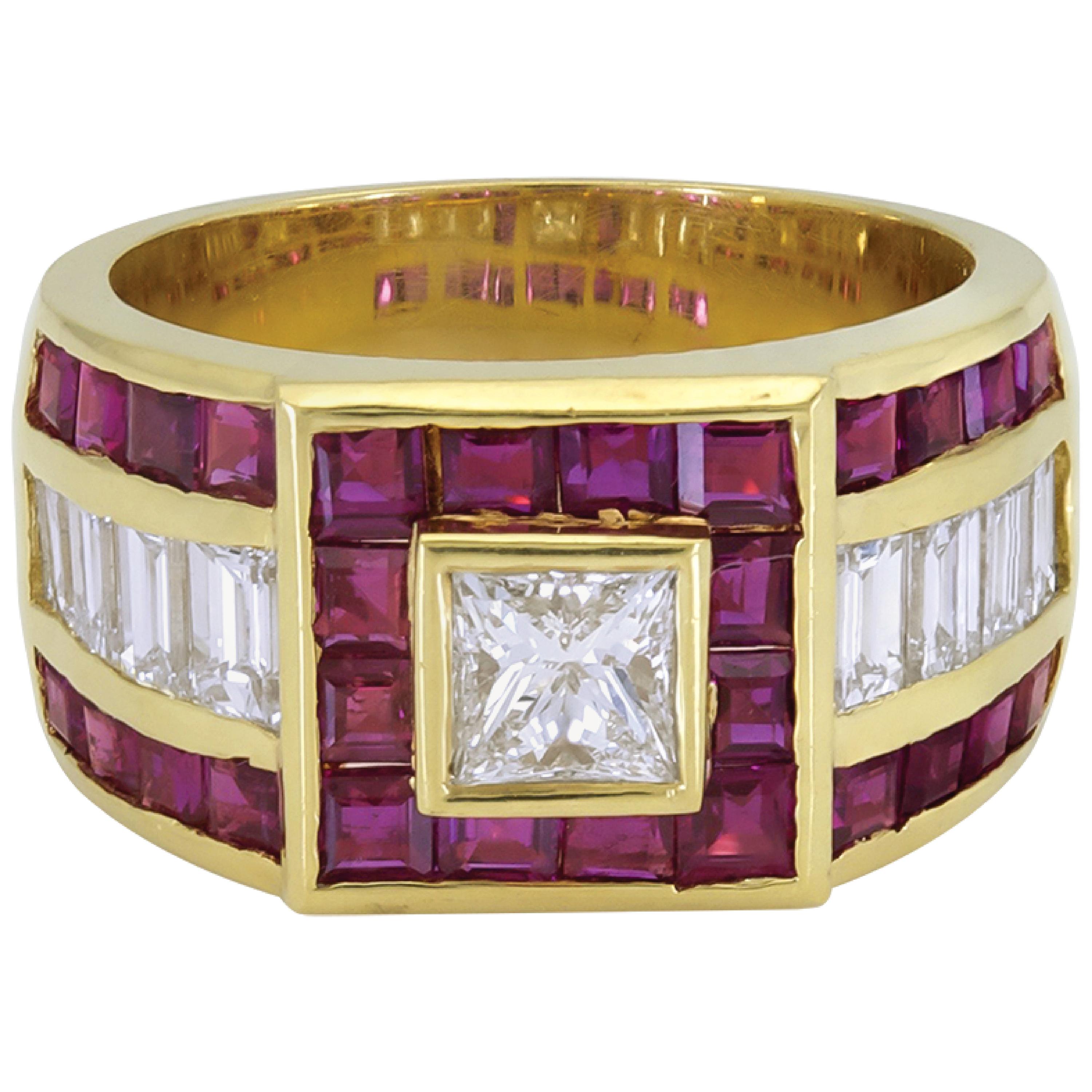 Sophia D, 1.20 Carat Yellow Gold Diamond and Ruby Dome Ring For Sale