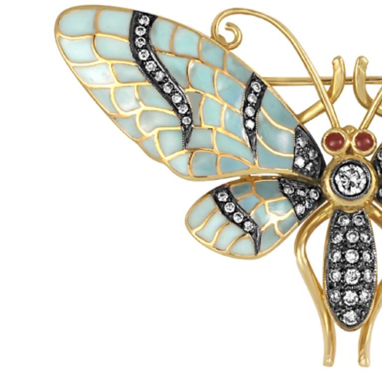 Round Cut Sophia D, Enamel and Yellow Gold Butterfly Brooch with Diamond and Ruby 