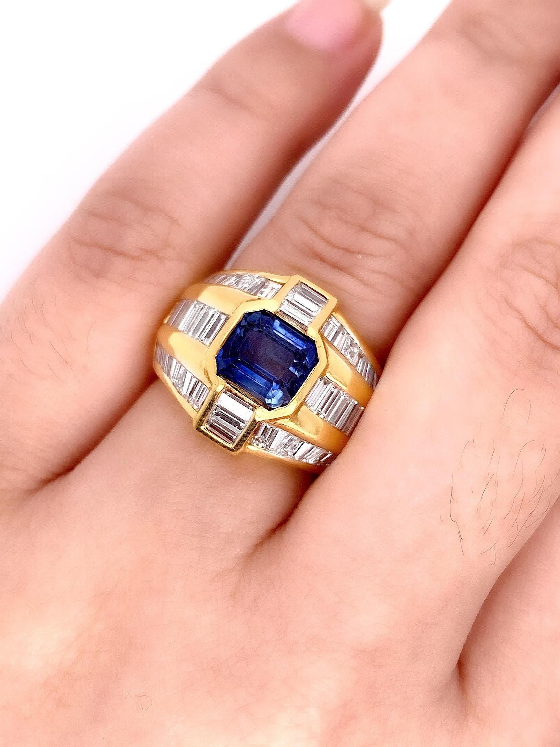 Sophia D. 3.04 Carat Blue Sapphire and Baguettes Diamond Dome Ring  In New Condition For Sale In New York, NY