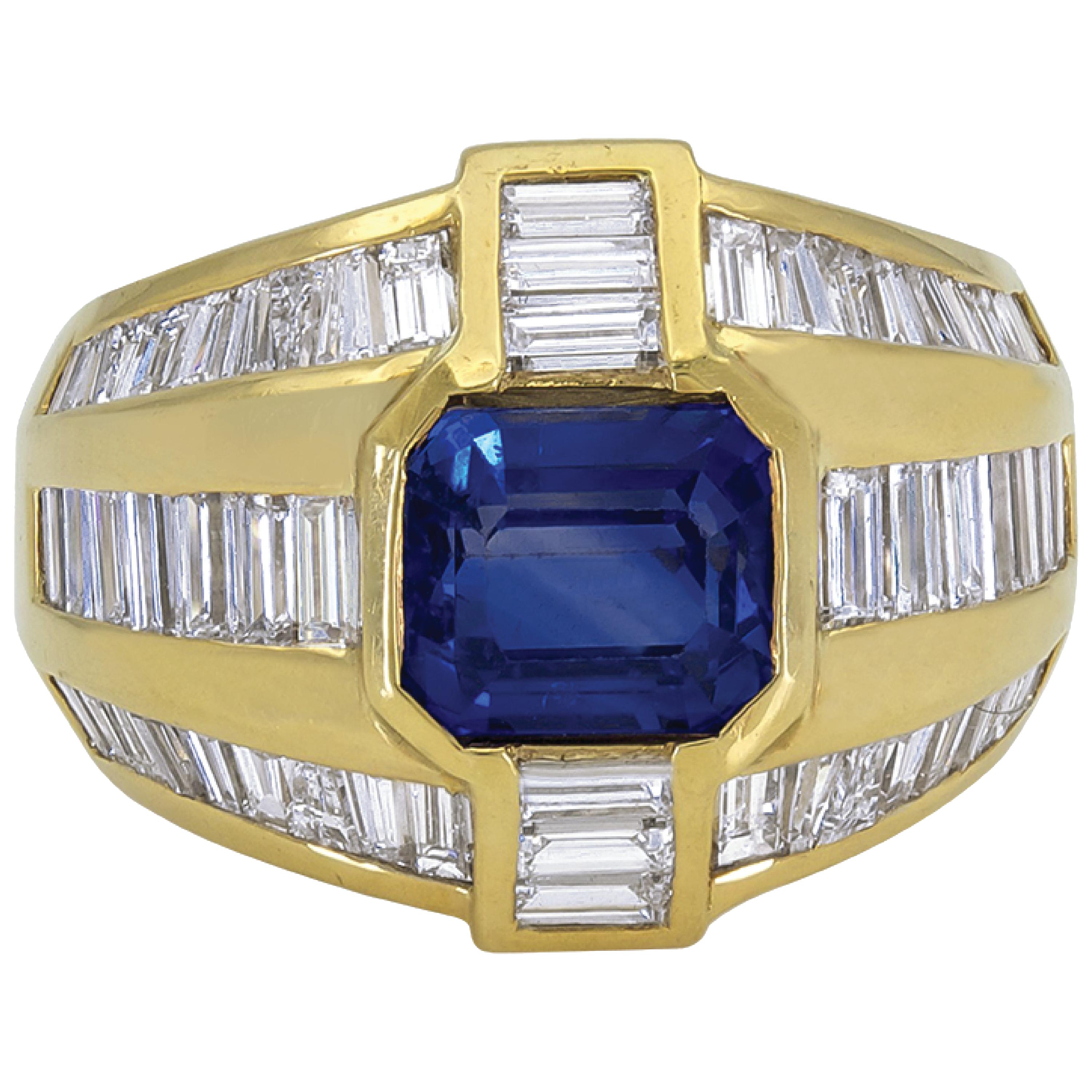 Sophia D. 3.04 Carat Blue Sapphire and Baguettes Diamond Dome Ring  For Sale