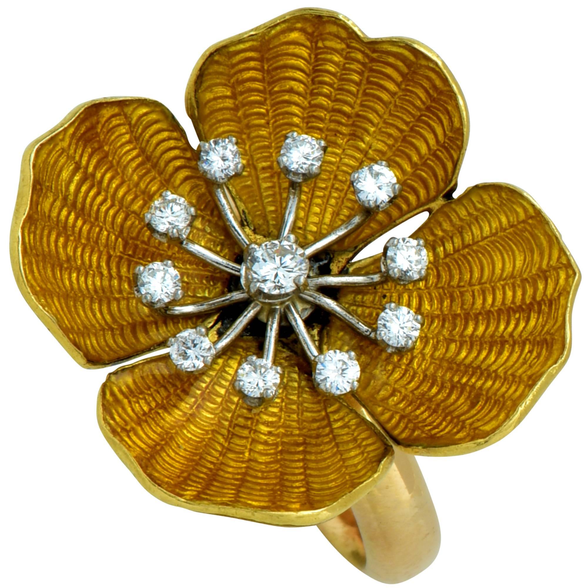 Modern Gorgeous 18 Karat Yellow Gold Enamel and Diamond Flower Ring