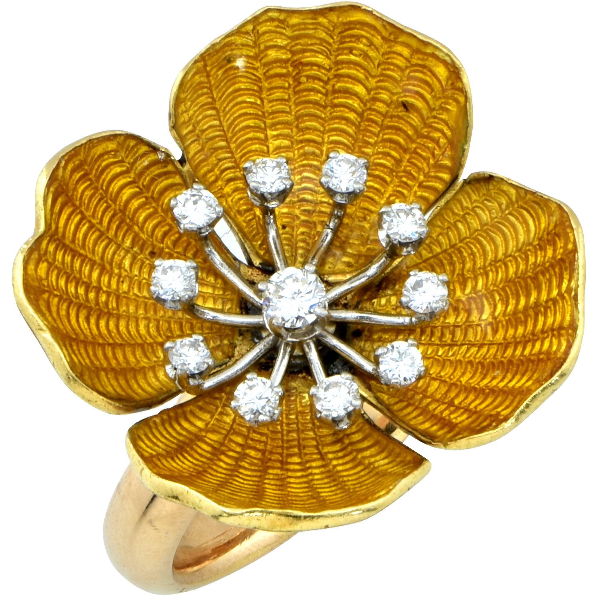 Gorgeous 18 Karat Yellow Gold Enamel and Diamond Flower Ring