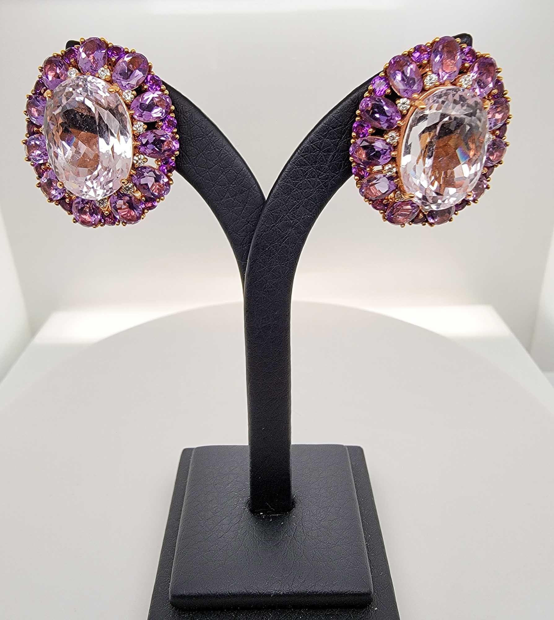 Gorgeous pair of 18 karat yellow gold earrings with kunzite weighing 27.32 carats and diamonds weighing 0.37 carats and amethyst weighing 10.06 carats.

Sophia D by Joseph Dardashti LTD has been known worldwide for 35 years and are inspired by