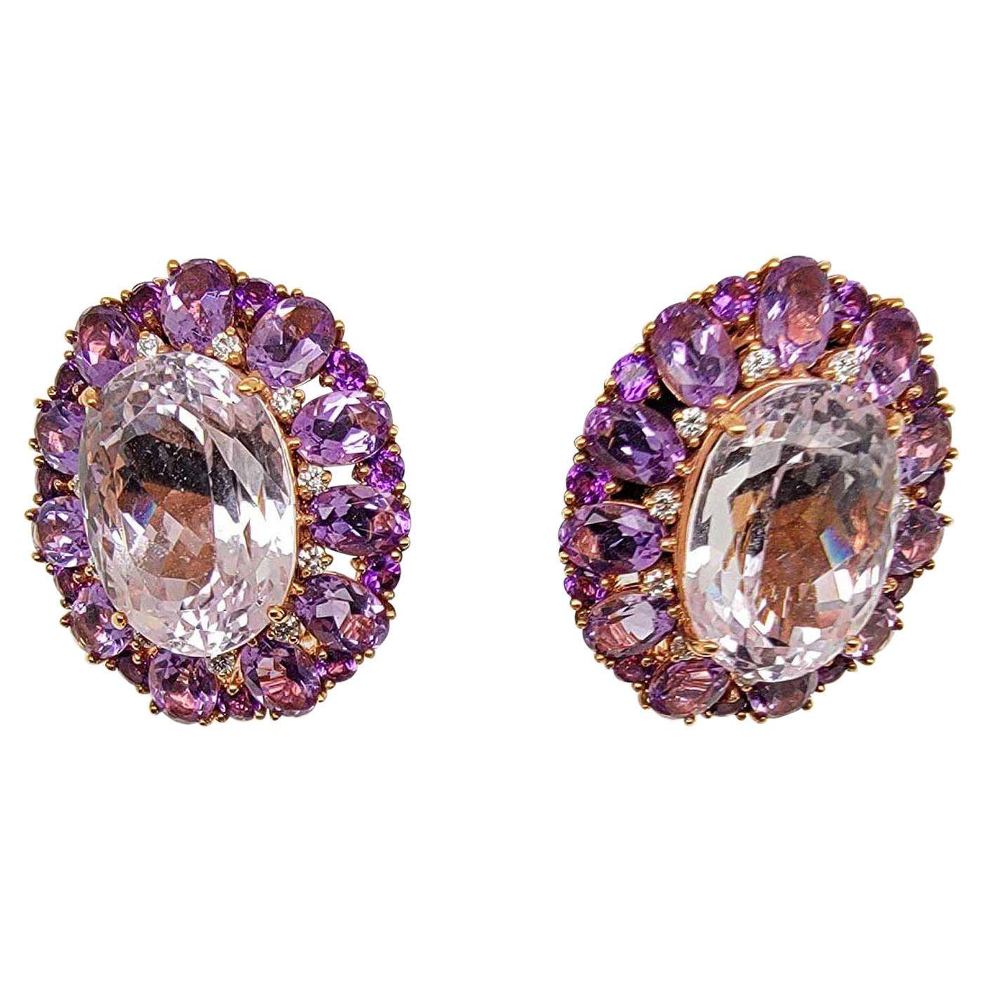 Sophia D Yellow Gold Earrings with Kunzite, Amethyst and Diamond  For Sale