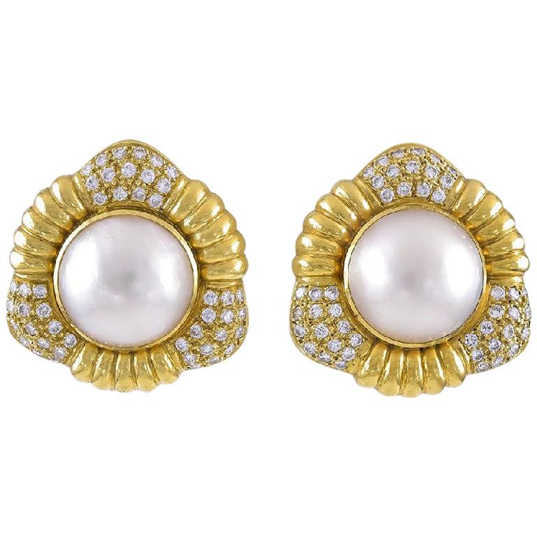 Sophia D, 18 Karat Yellow Gold Diamond and Pearl Earrings For Sale