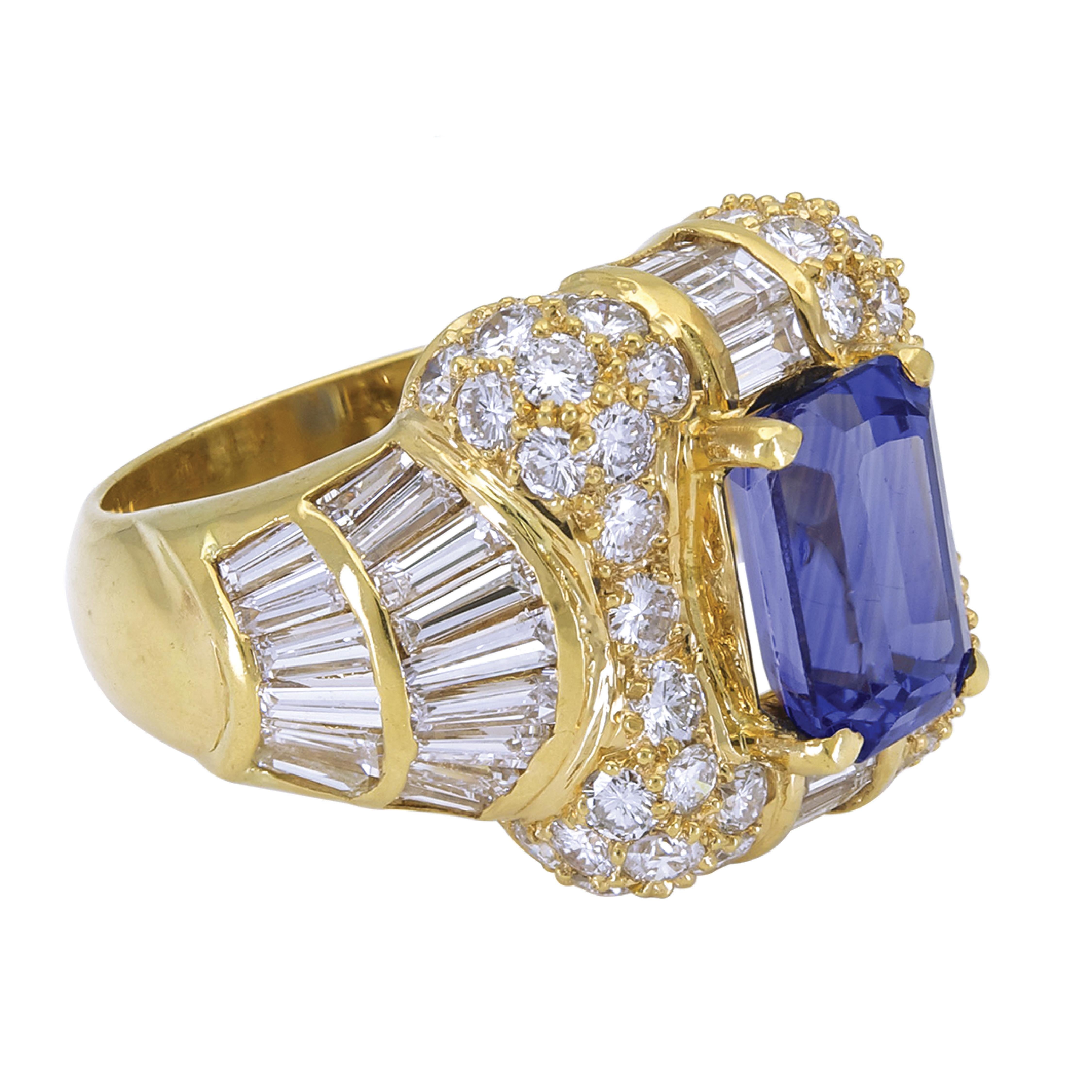 Art Deco Sophia D. Emerald Cut Center Blue Sapphire and Diamonds Dome Ring For Sale