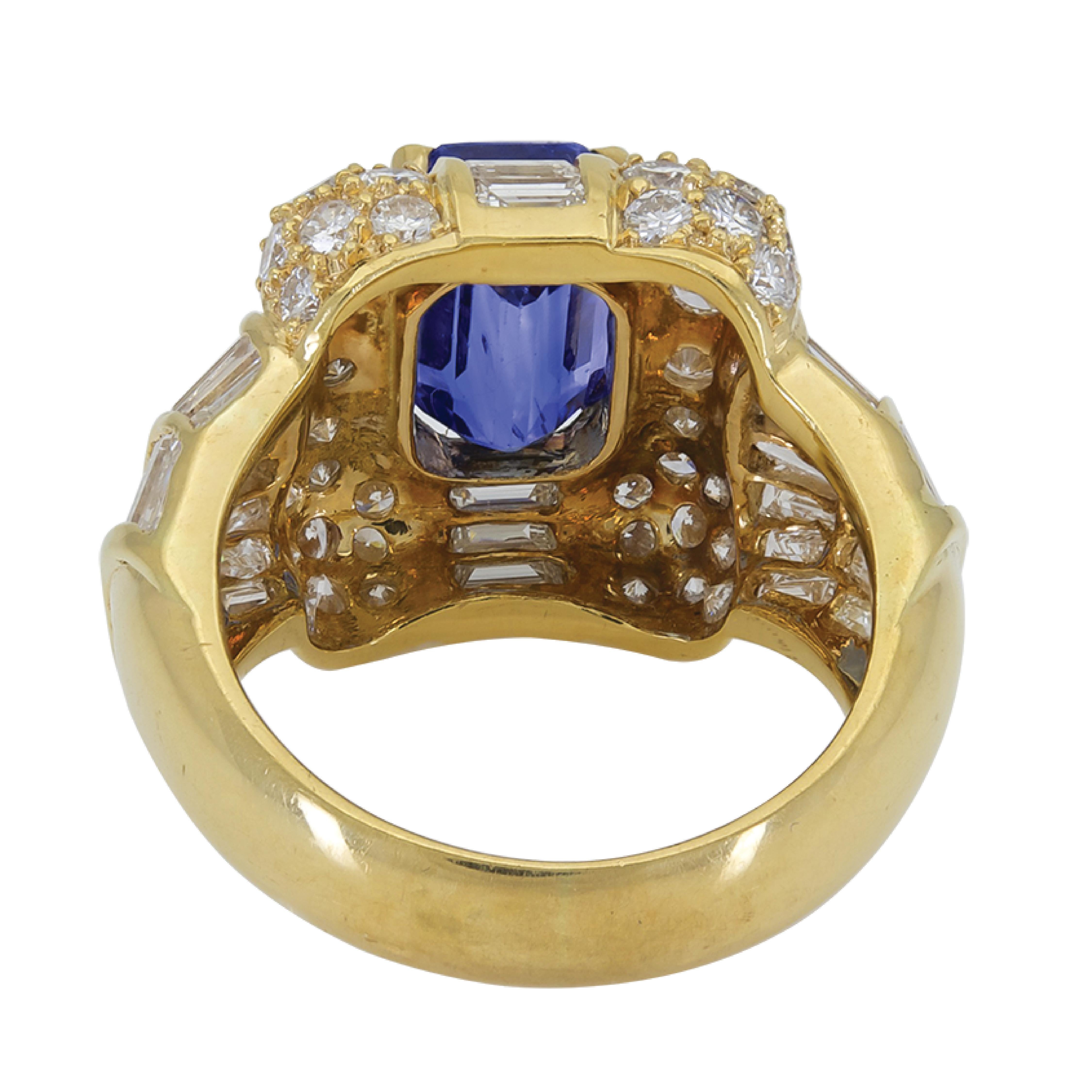 Sophia D. Emerald Cut Center Blue Sapphire and Diamonds Dome Ring In New Condition For Sale In New York, NY