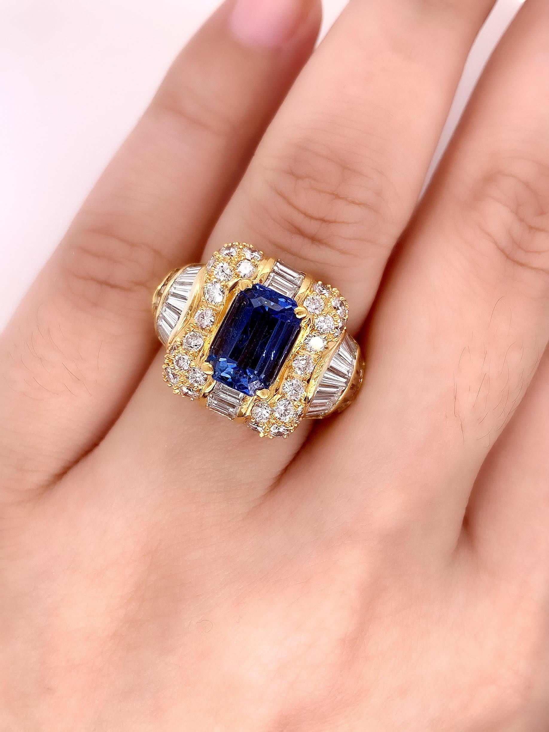 Women's or Men's Sophia D. Emerald Cut Center Blue Sapphire and Diamonds Dome Ring For Sale
