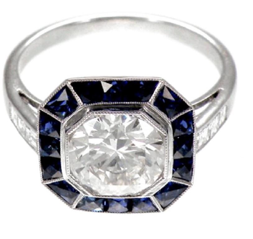 Baguette Cut Gorgeous 1.85 Carat Circular Cut Diamond Platinum Sapphire Ring