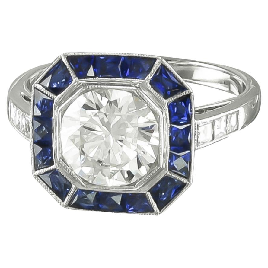 Gorgeous 1.85 Carat Circular Cut Diamond Platinum Sapphire Ring