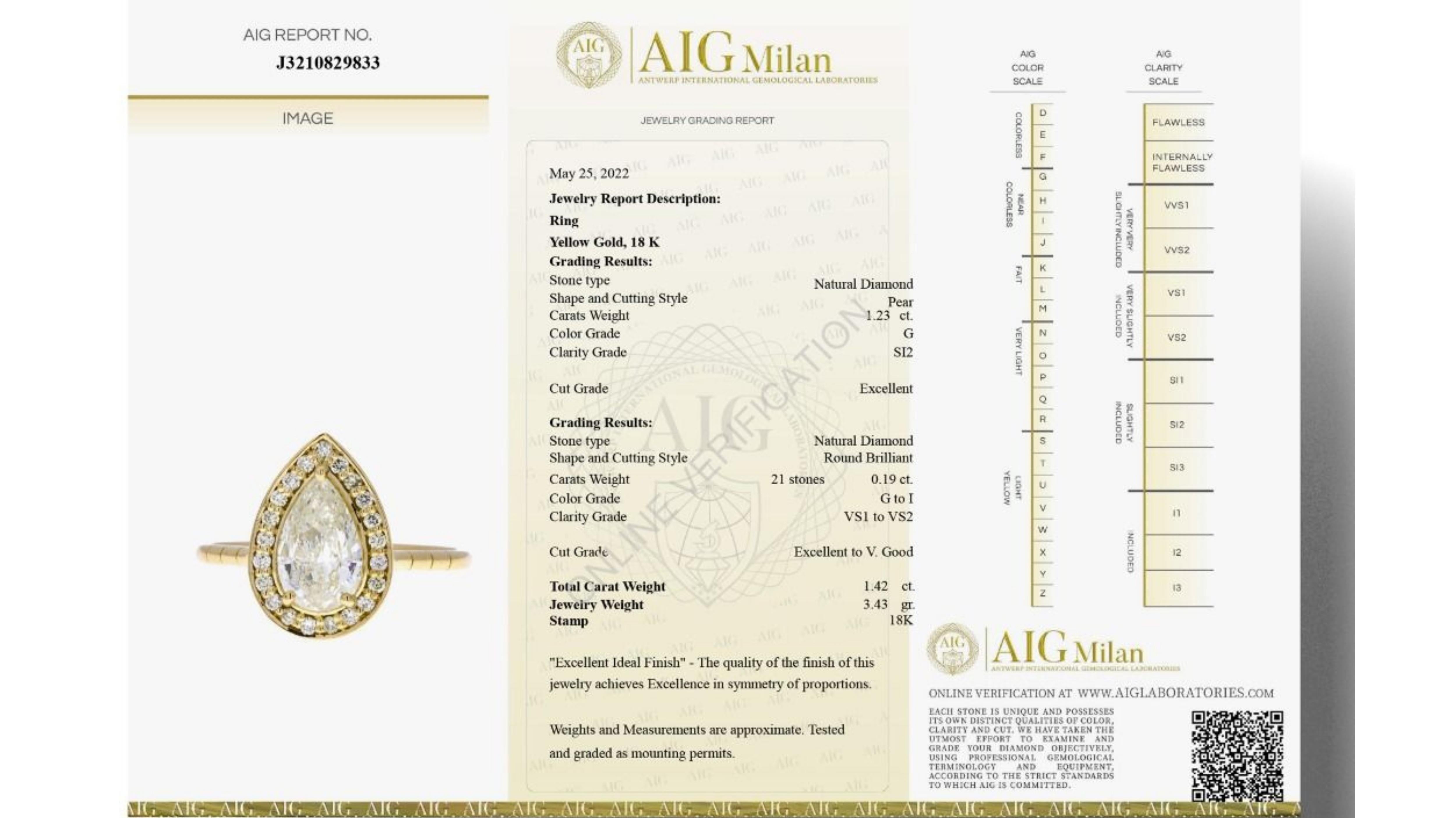 Gorgeous 18k Gold 1.42ct. Pear Brilliant Halo Diamond Ring

Product Details:

Metal: 18K Yellow Gold

Main stone: 1.23ct pear brilliant natural diamond
G colour
SI2 clarity 
Cut: Excellent

Side stones: 21pcs. round brilliant 0.19tcw
G-I colour