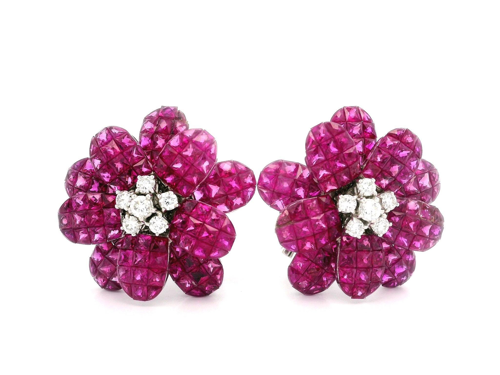 Gorgeous 18k Gold Mystery Invisible Set Ruby & Diamond Floral Clip On Earrings For Sale 1