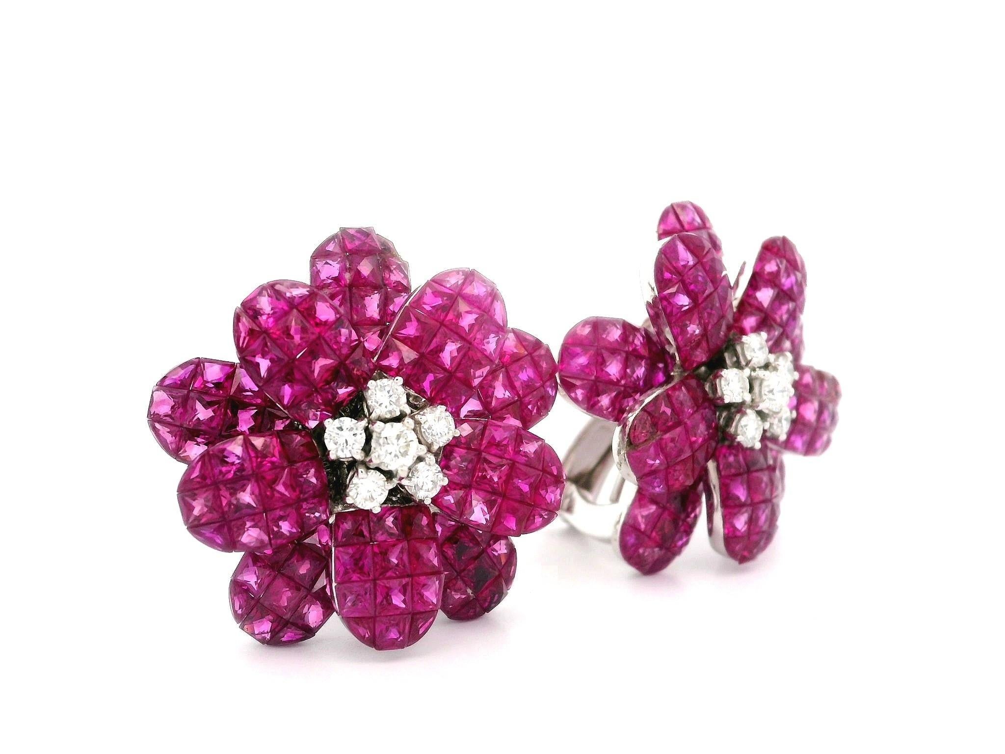 Gorgeous 18k Gold Mystery Invisible Set Ruby & Diamond Floral Clip On Earrings For Sale 2