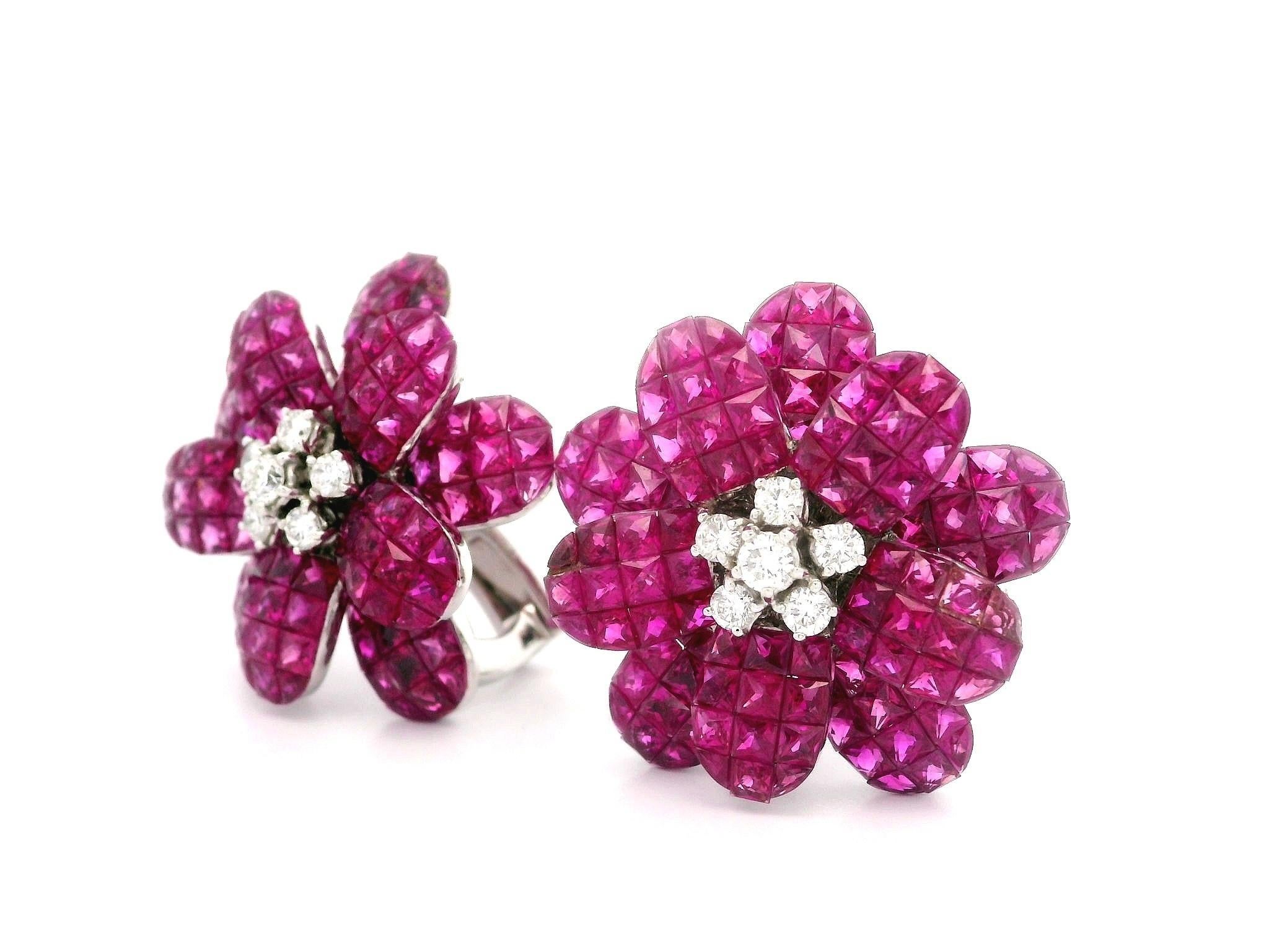 Gorgeous 18k Gold Mystery Invisible Set Ruby & Diamond Floral Clip On Earrings For Sale 3