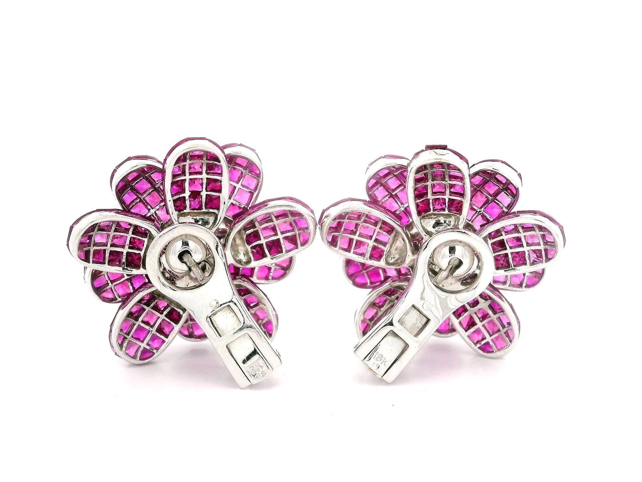 Gorgeous 18k Gold Mystery Invisible Set Ruby & Diamond Floral Clip On Earrings For Sale 4