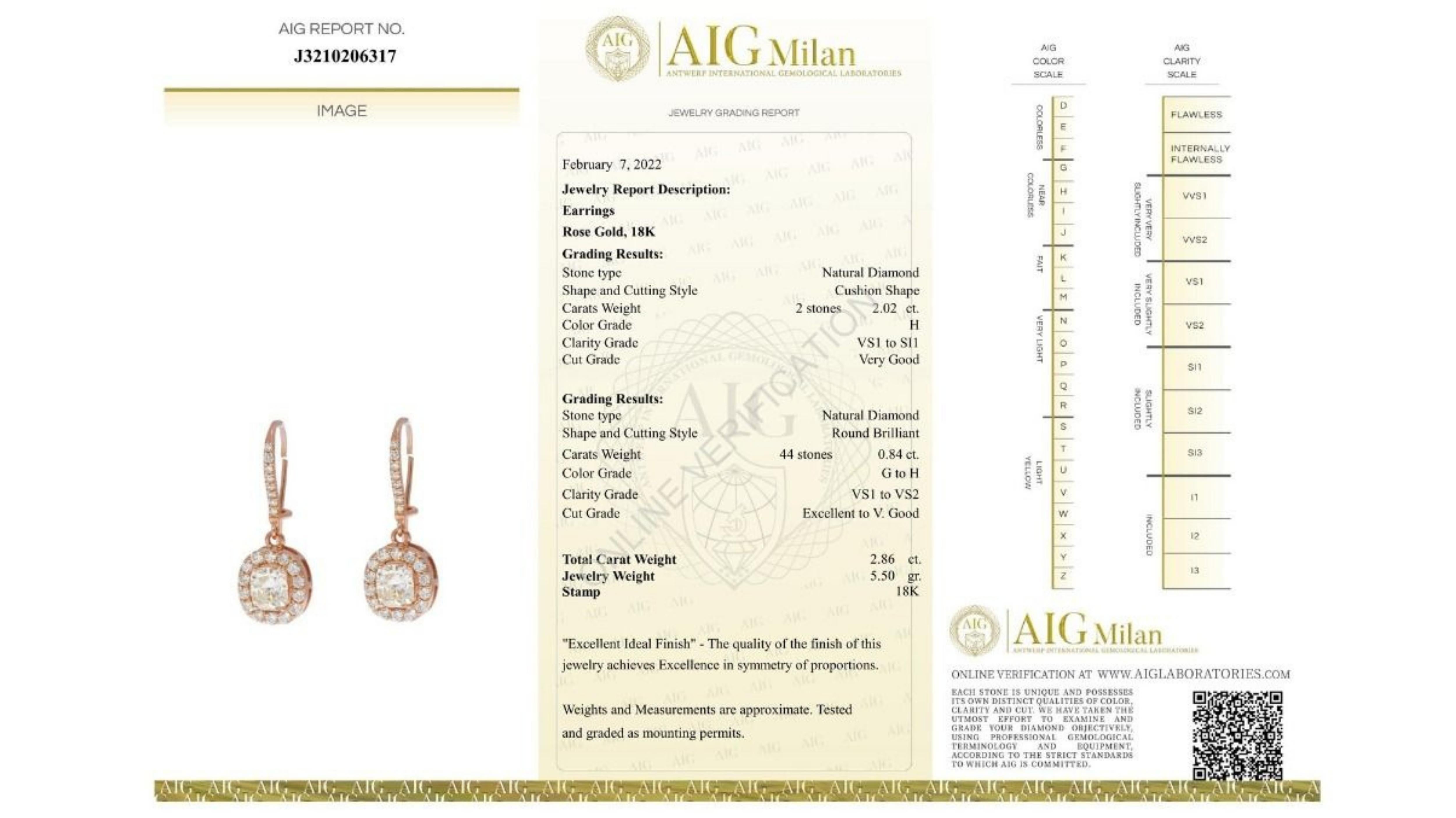 Product Details:
~Metal: 18K Rose Gold
~Main stone: 2pcs. 2.02ct cushion shape natural diamonds, H colour, VS1-SI1 transparency,  Very Good 
~Side stones: 44pcs. .84ct round brilliant natural diamonds, G-H colour, VS1-VS2 transparency,  Excellent -