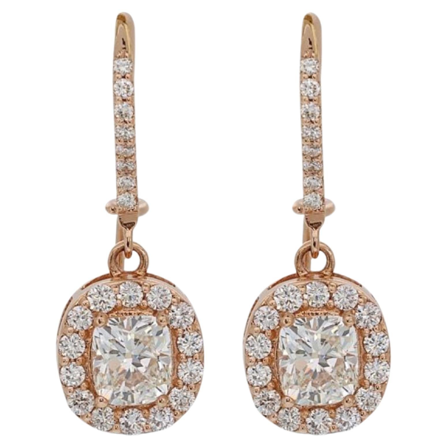 Gorgeous 18k Rose Gold 2.02ct. Cushion Shape Drop Diamond Earrings For Sale