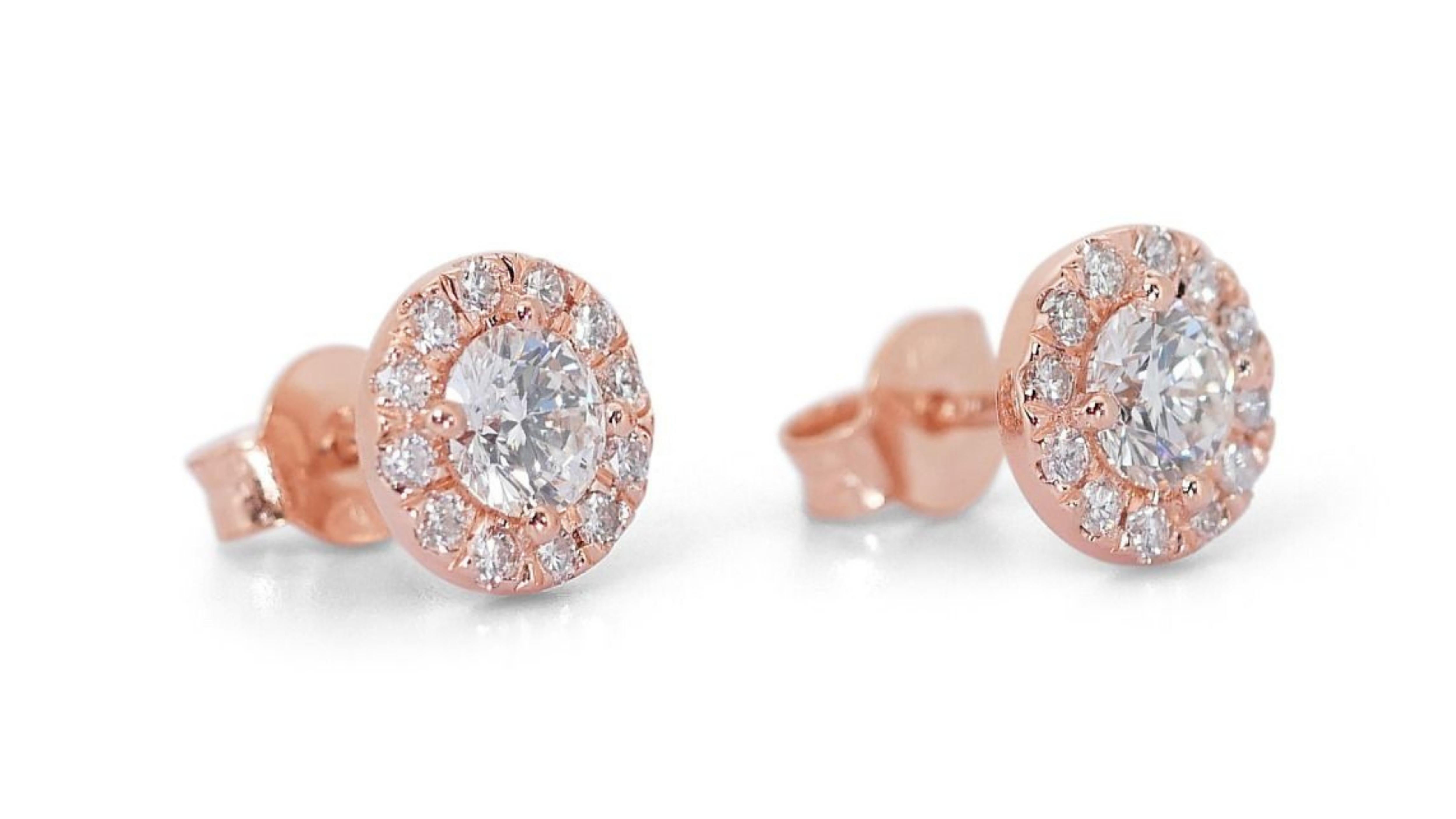 Round Cut Gorgeous 18k Rose Gold .90ct. Round Brilliant Halo Diamond Earrings For Sale