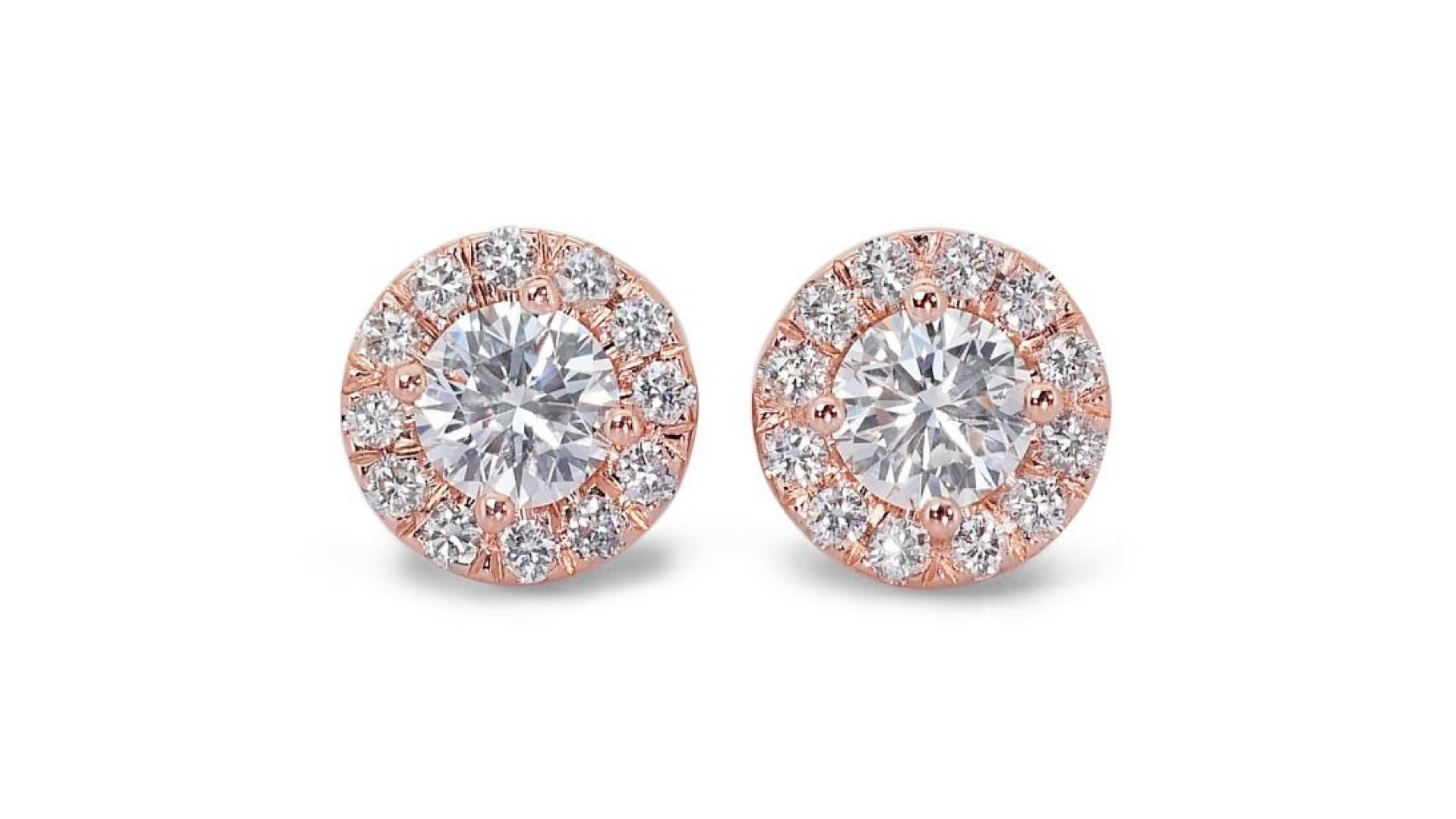 Women's Gorgeous 18k Rose Gold .90ct. Round Brilliant Halo Diamond Earrings For Sale