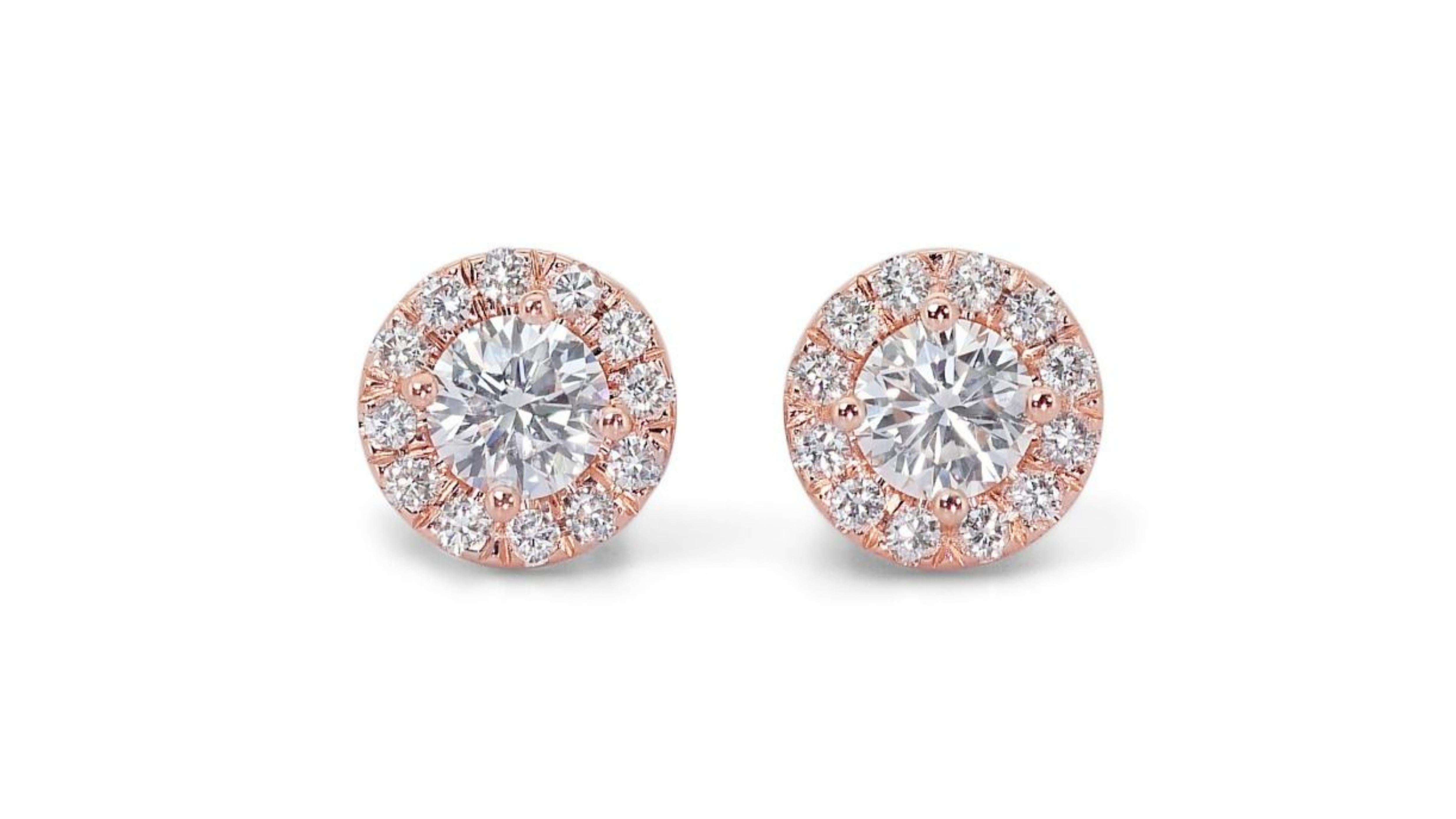 Gorgeous 18k Rose Gold .90ct. Round Brilliant Halo Diamond Earrings For Sale 1