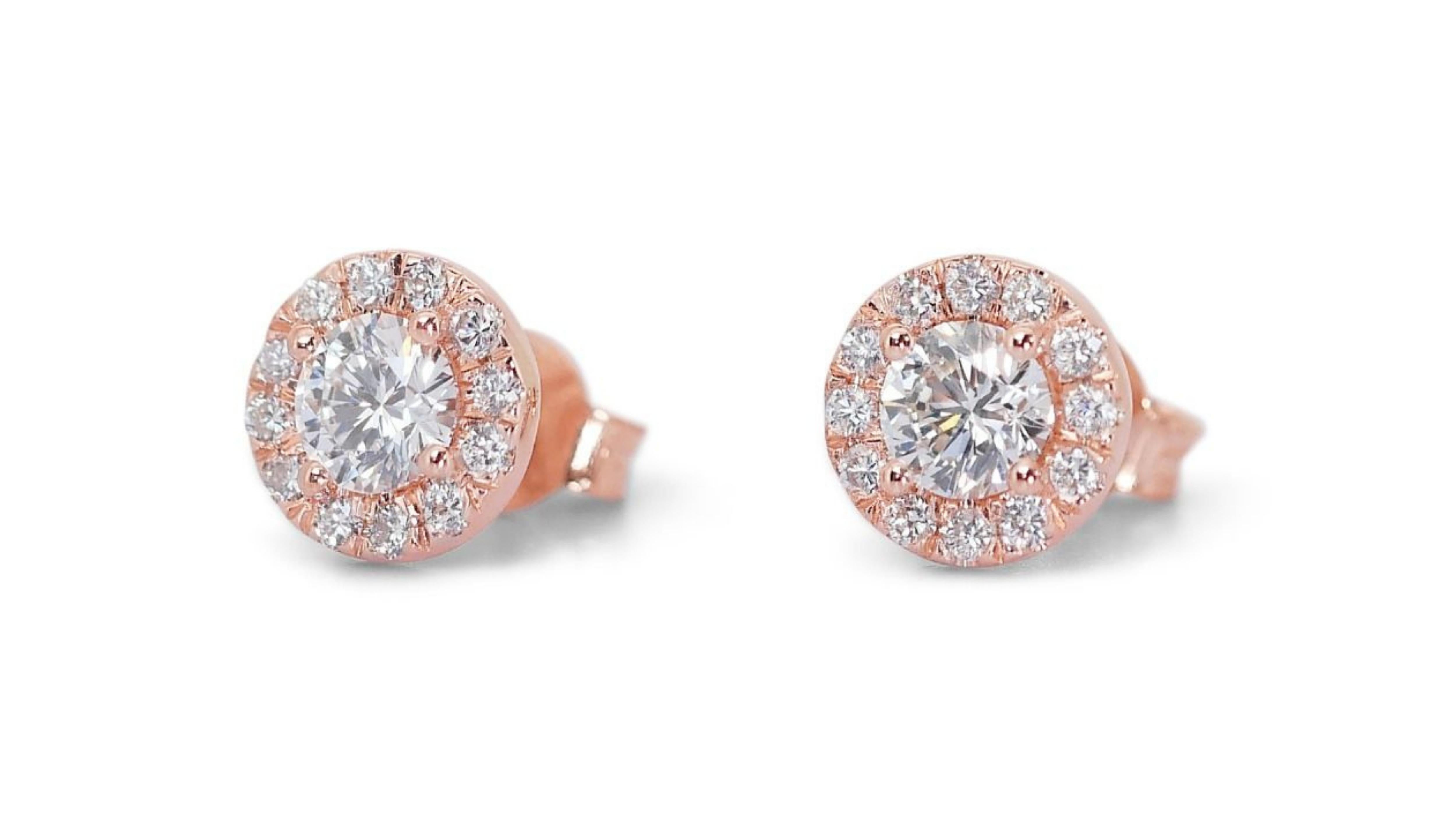 Gorgeous 18k Rose Gold .90ct. Round Brilliant Halo Diamond Earrings For Sale 2