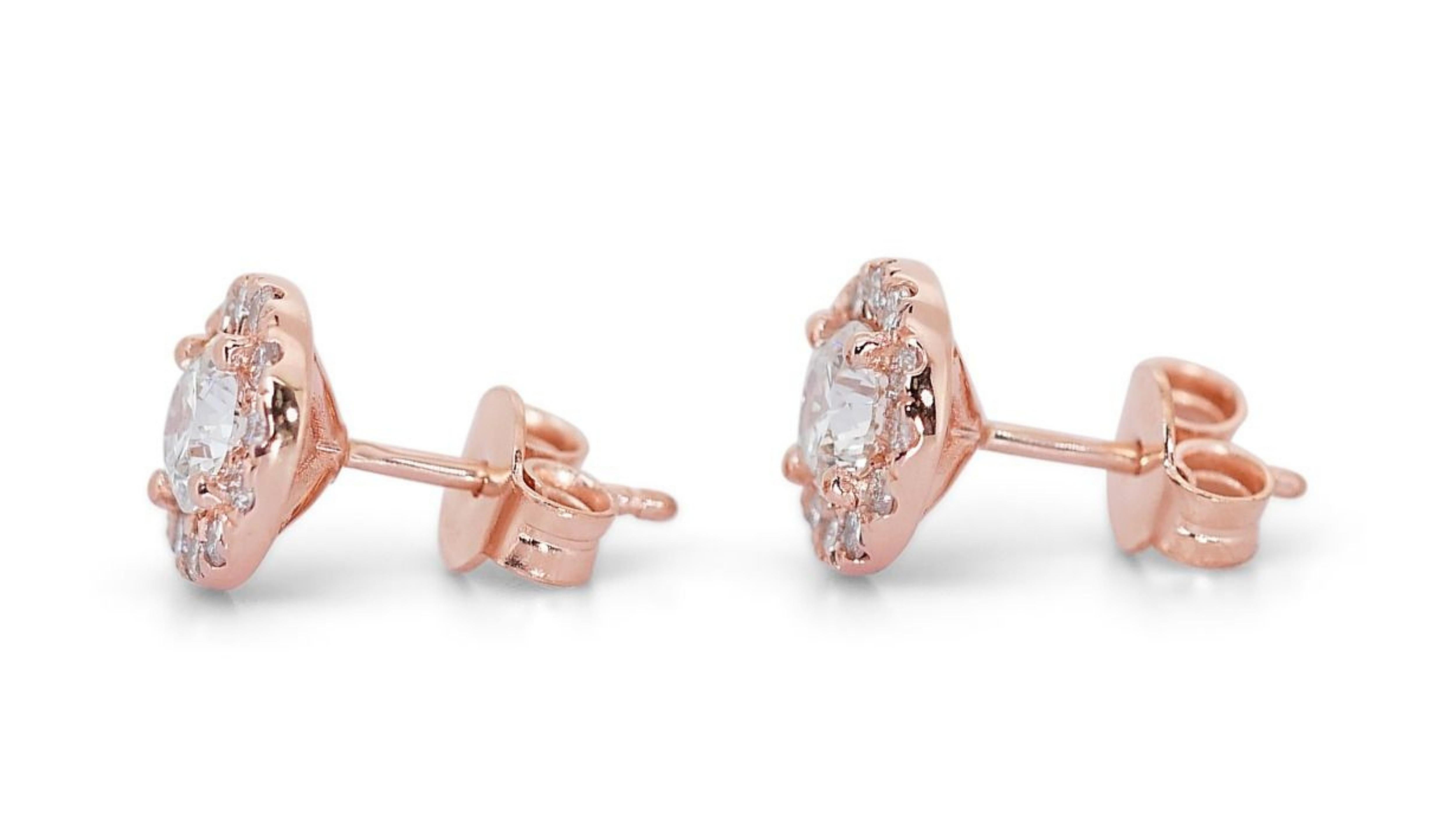 Gorgeous 18k Rose Gold .90ct. Round Brilliant Halo Diamond Earrings For Sale 3