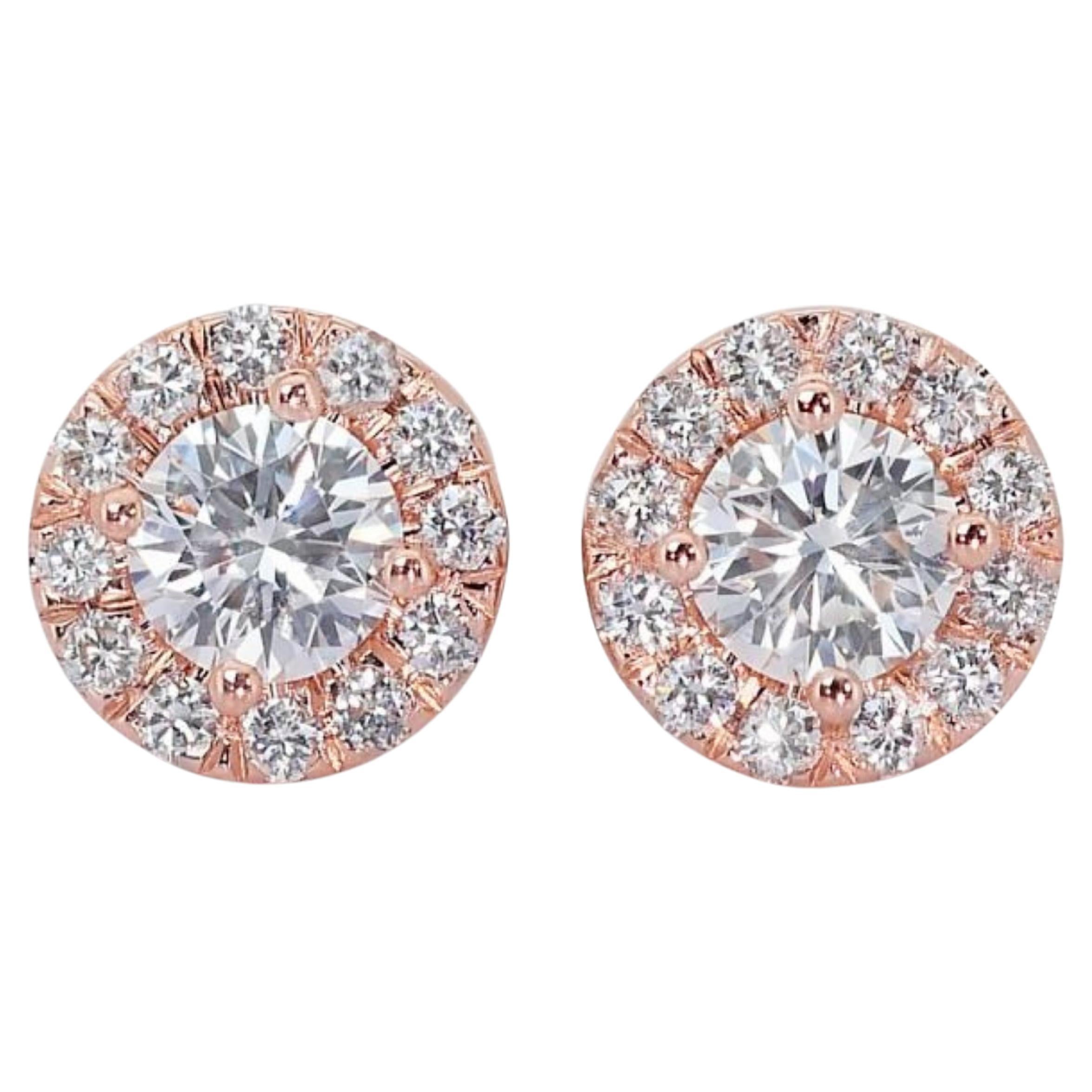Gorgeous 18k Rose Gold .90ct. Round Brilliant Halo Diamond Earrings For Sale