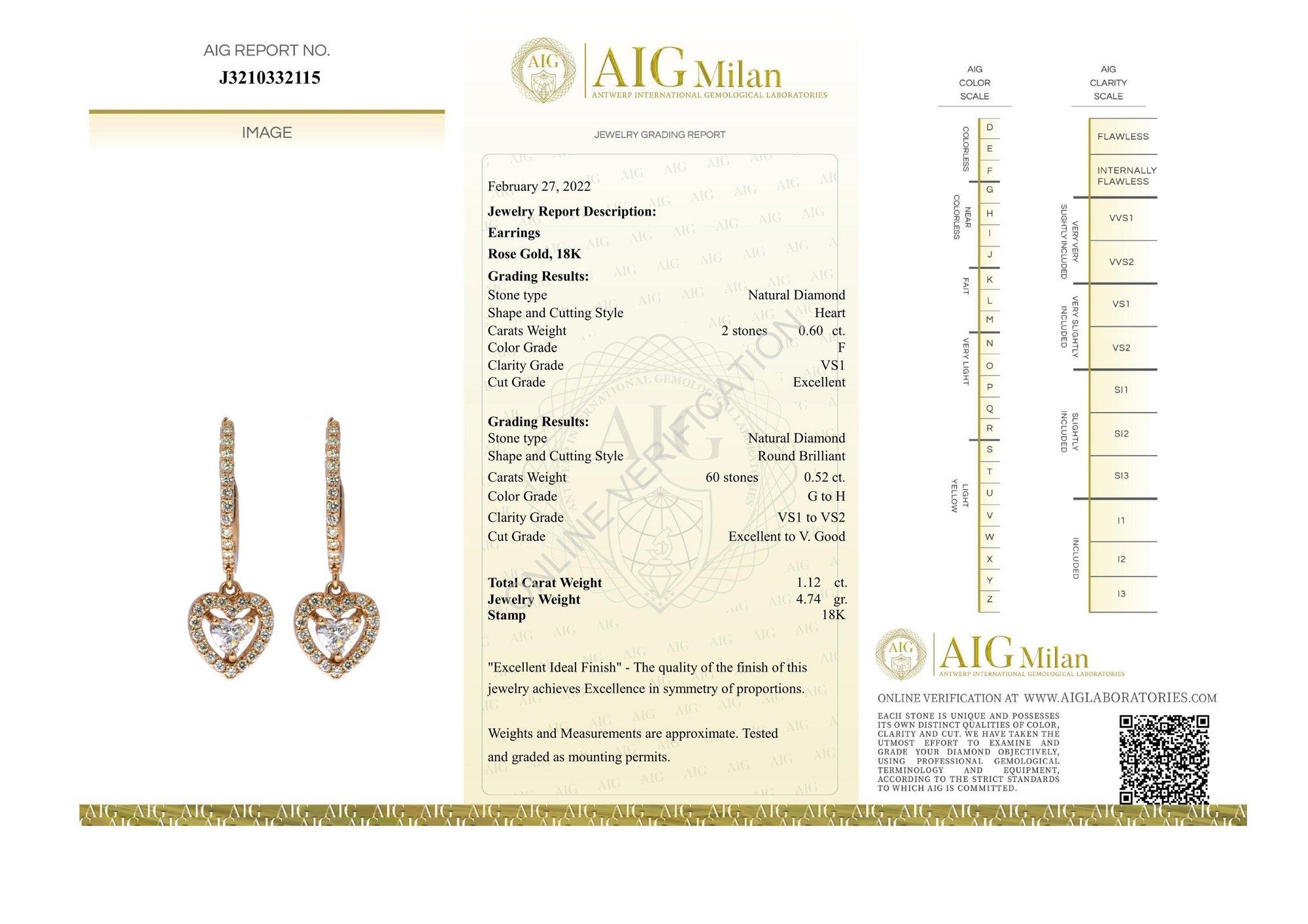Amazing  pair of natural heart shape diamonds mounted in a drop style earrings with Brilliant diamonds with a total of 1.12 carat of natural and ideal cut diamonds 
the earrings made from 18k rose gold diamond earrings with AIG certificate.

-2