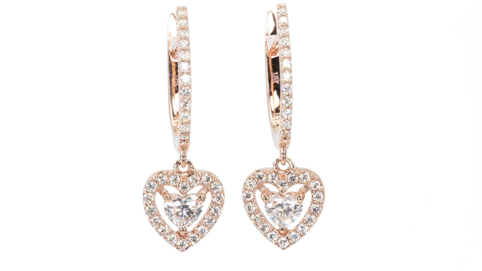 Heart Cut Gorgeous 18k Rose Gold Drop Earrings w/ 0.60ct Natural Diamonds, AIG Certificate