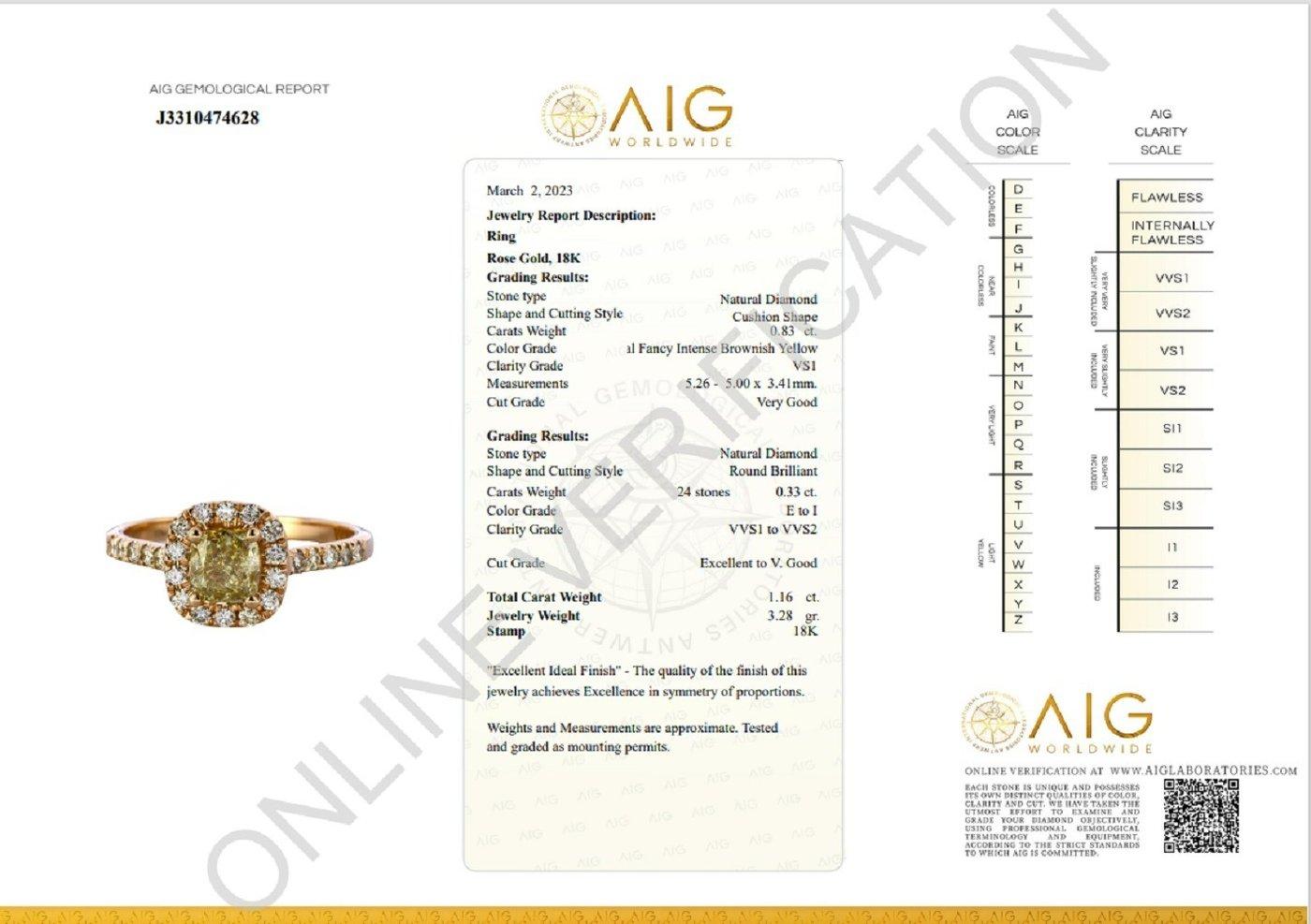 Wunderschöner Halo-Ring aus 18 Karat Roségold mit 1,16 Karat natürlichen Diamanten, AIG-Zertifikat (Kissenschliff)