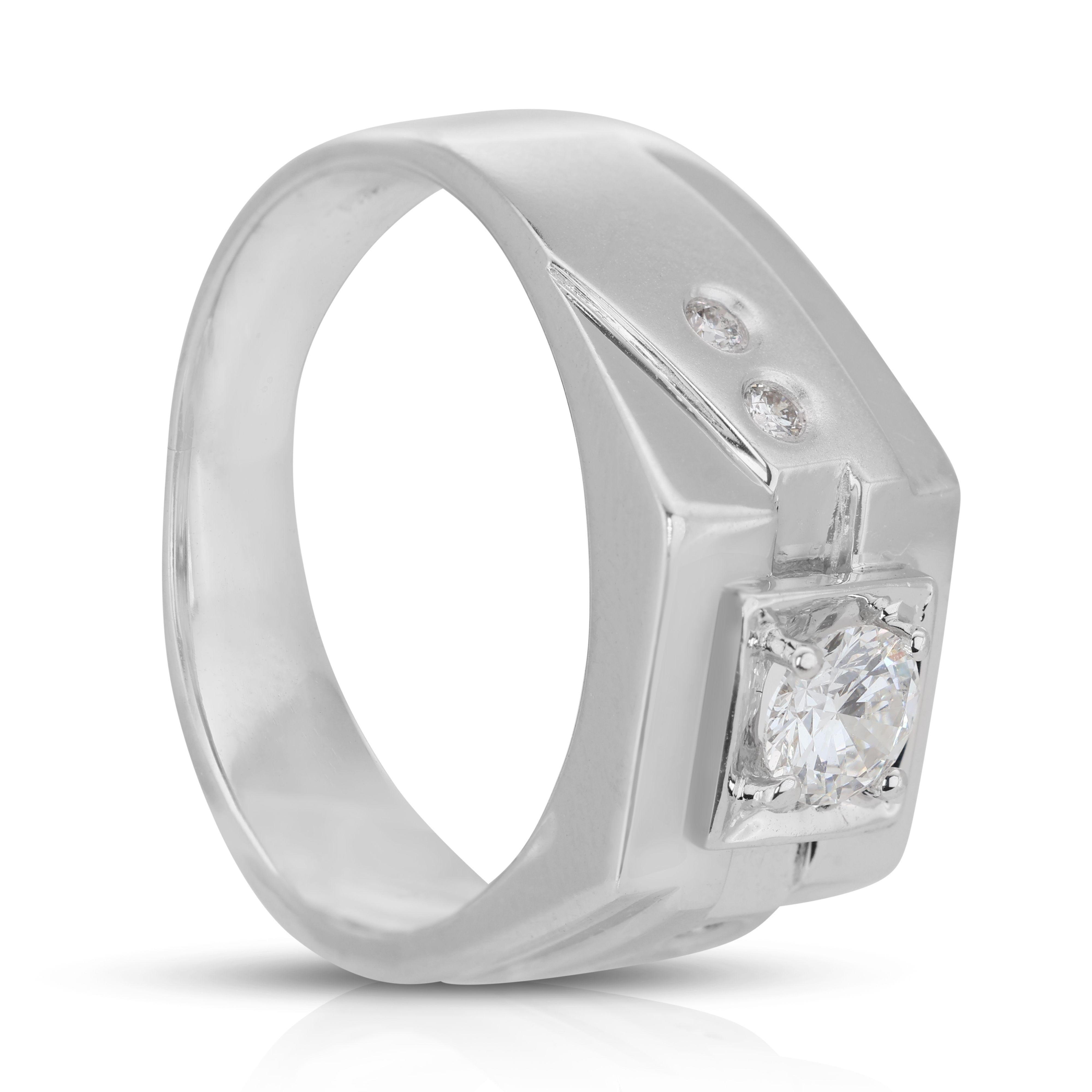 Gorgeous 18k White Gold Classic Dome Men Ring with 0.30 Carat Natural Diamond For Sale 2