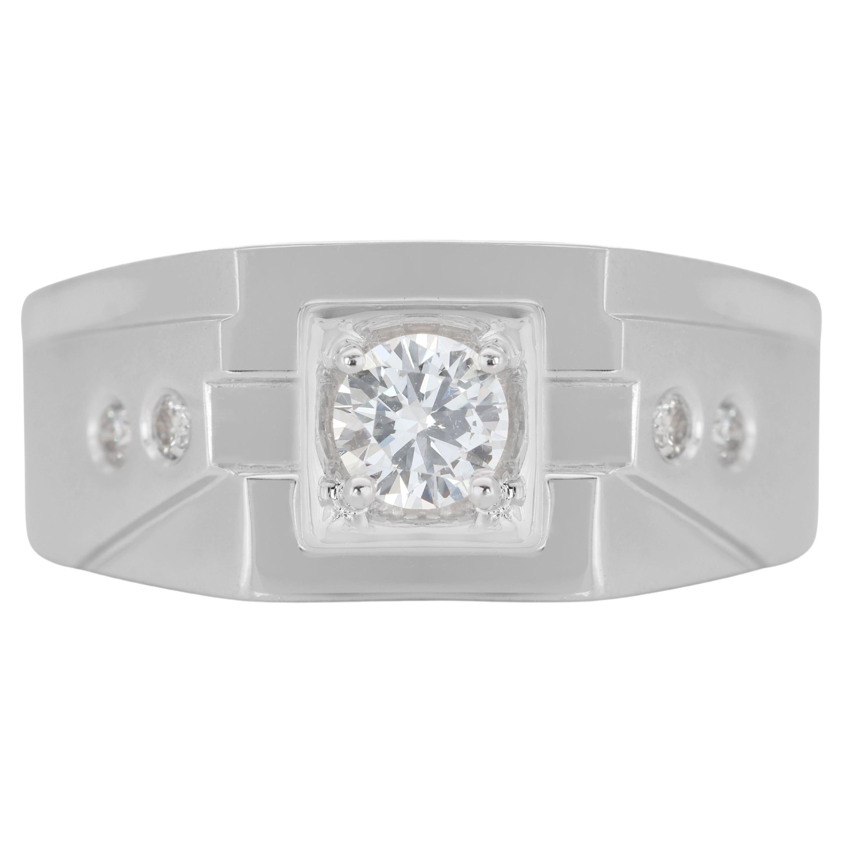 Gorgeous 18k White Gold Classic Dome Men Ring with 0.30 Carat Natural Diamond For Sale