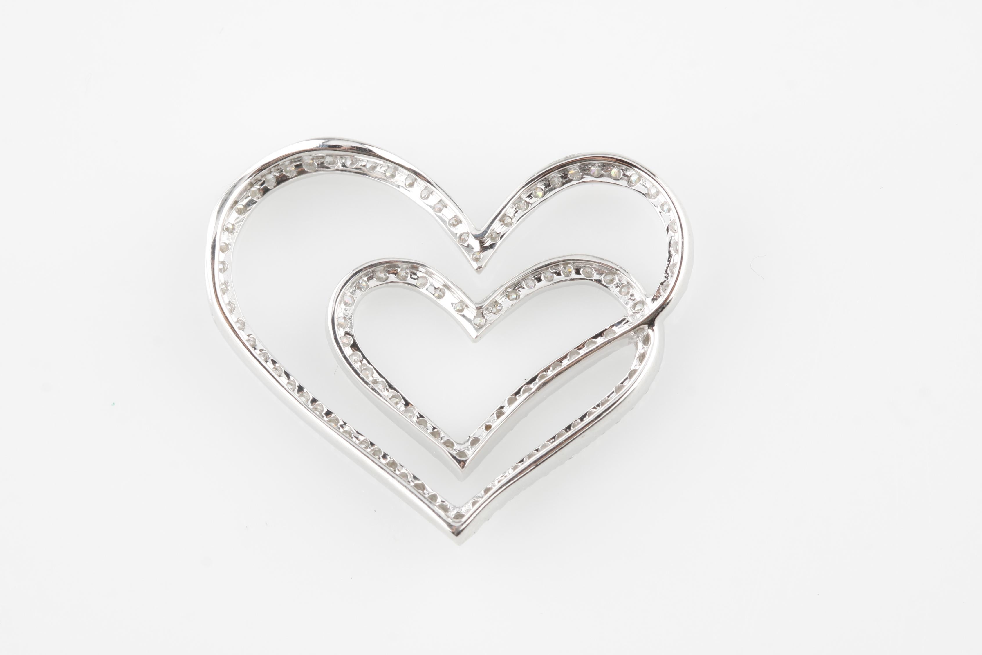 Round Cut Gorgeous 18k White Gold Double Heart Diamond Pendant 1 Carat For Sale