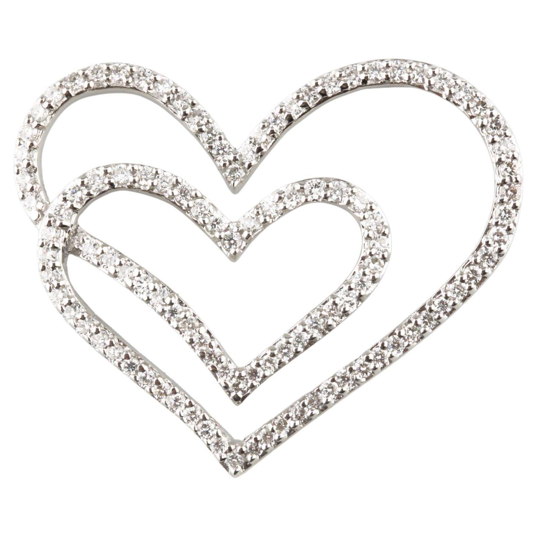 Gorgeous 18k White Gold Double Heart Diamond Pendant 1 Carat For Sale