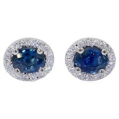 Gorgeous 18k White Gold Earrings Natural Sapphire-Diamonds IGI Certificate