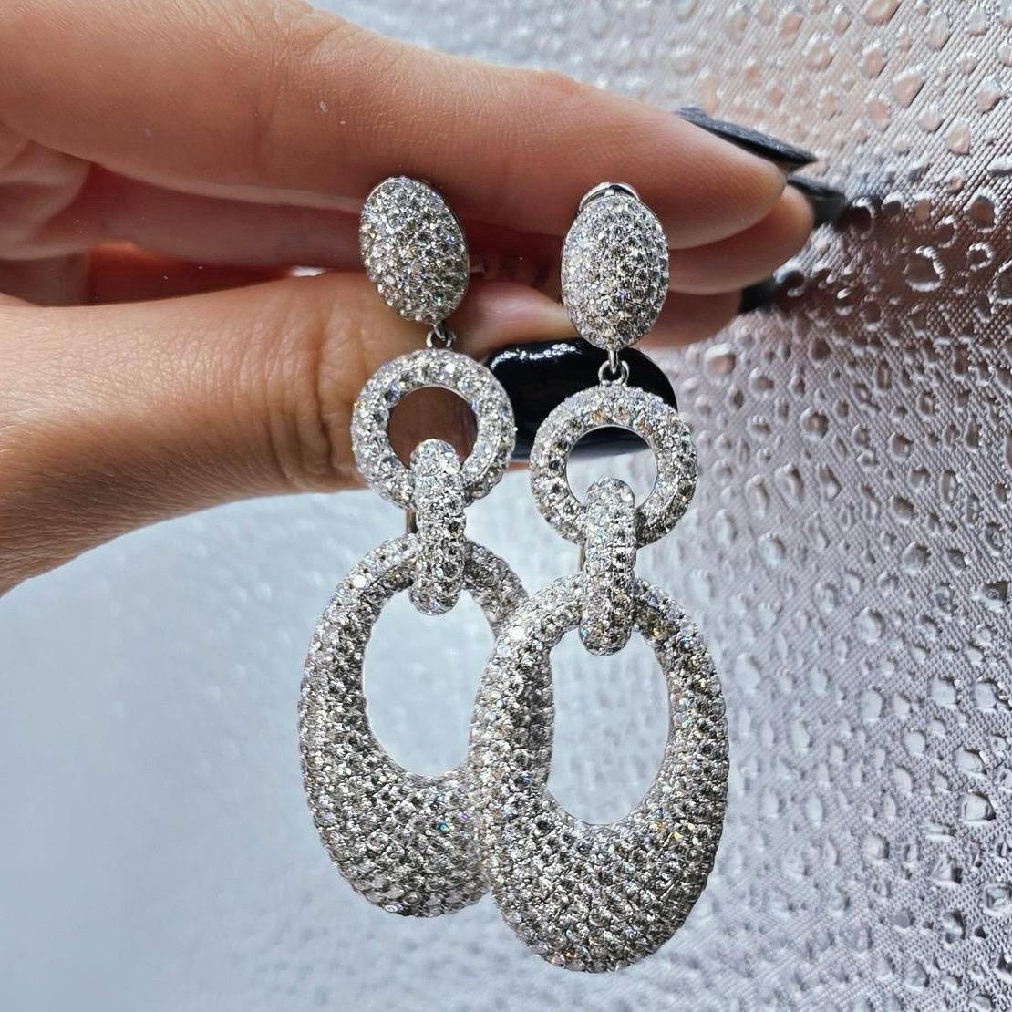 Rough Cut Gorgeous 18k white gold micro pave diamond long earrings For Sale