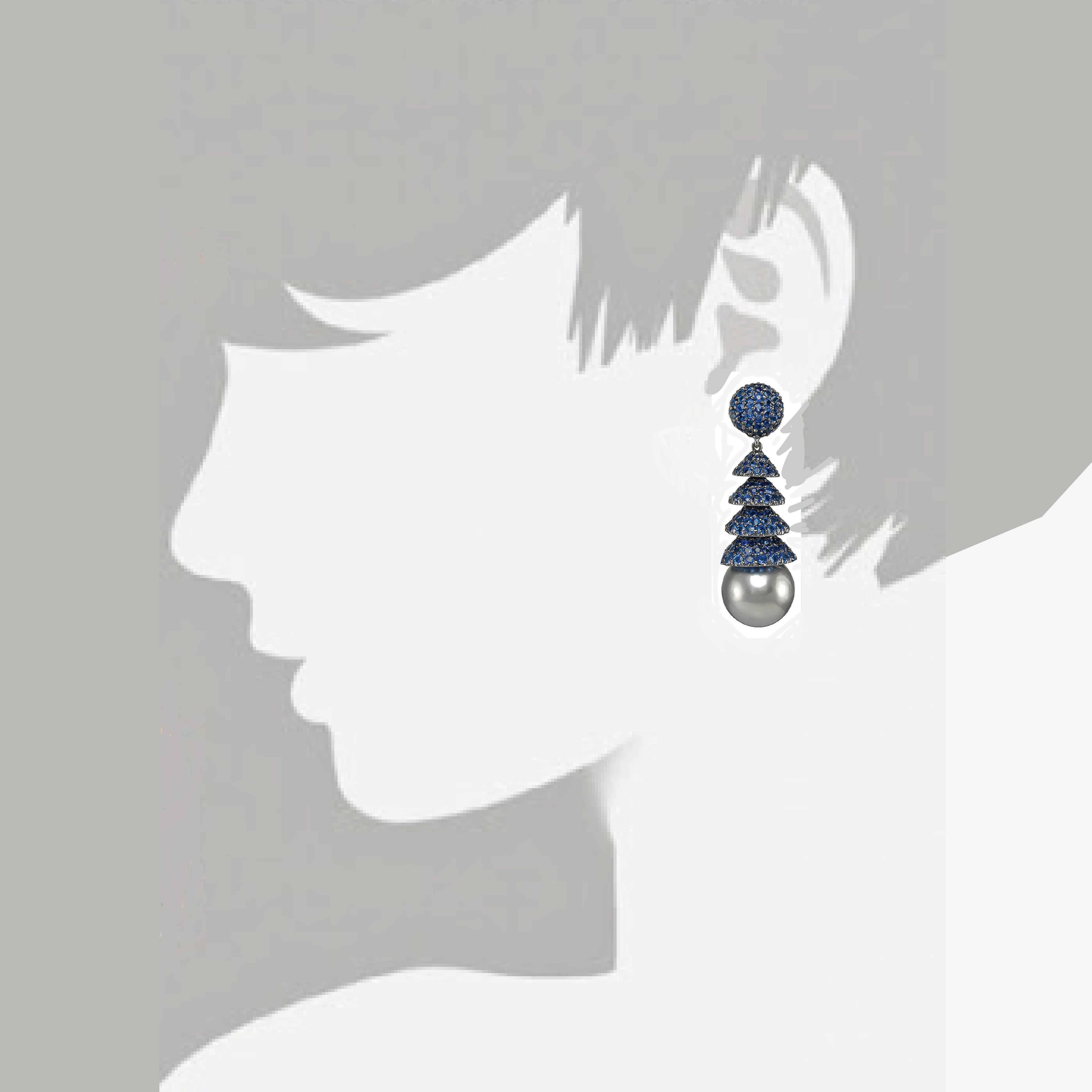 Round Cut Sophia D. Black Pearl and Blue Sapphire Earrings in White Gold For Sale