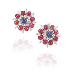 Gorgeous 18k White Gold Sapphire, Ruby, and Diamond Ear Clips Petochi Roma