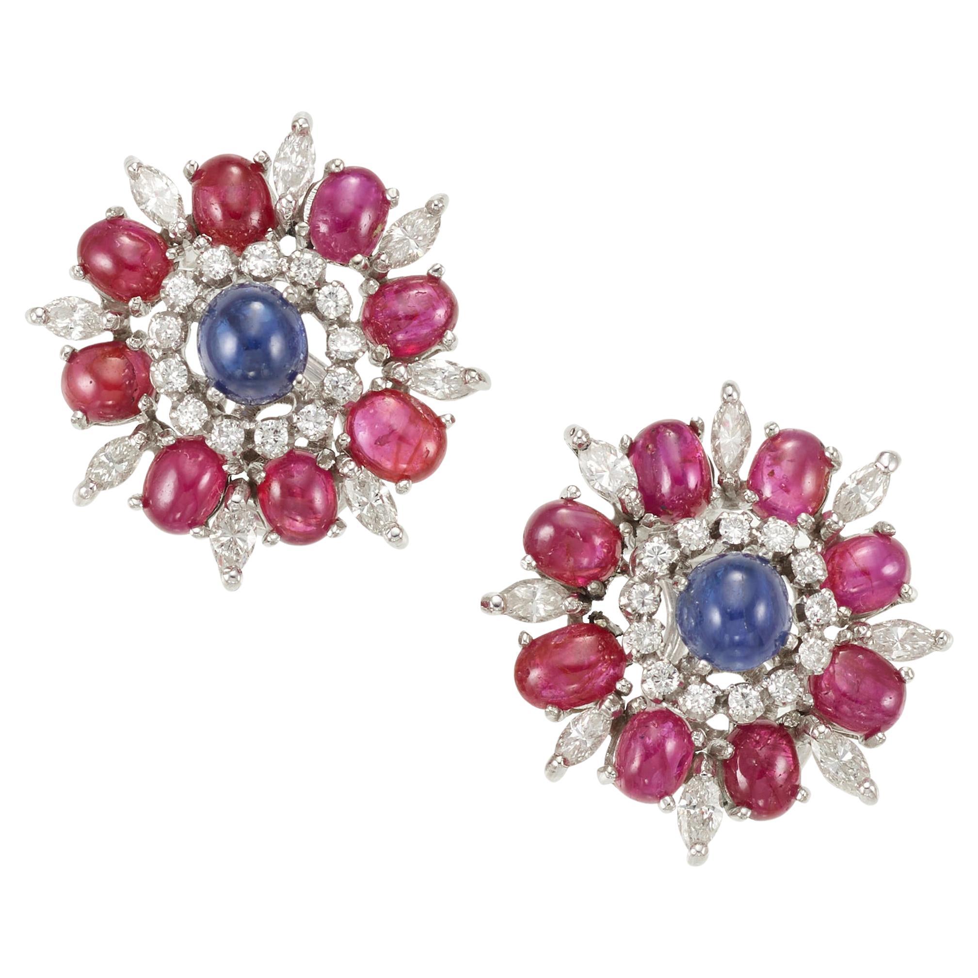 Gorgeous 18k White Gold Sapphire, Ruby, and Diamond Ear Clips Petochi Roma