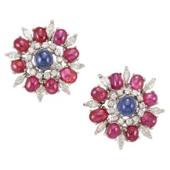 Preciosos Pendientes de Oro Blanco de 18k con Zafiro, Rubí y Diamantes Petochi Roma