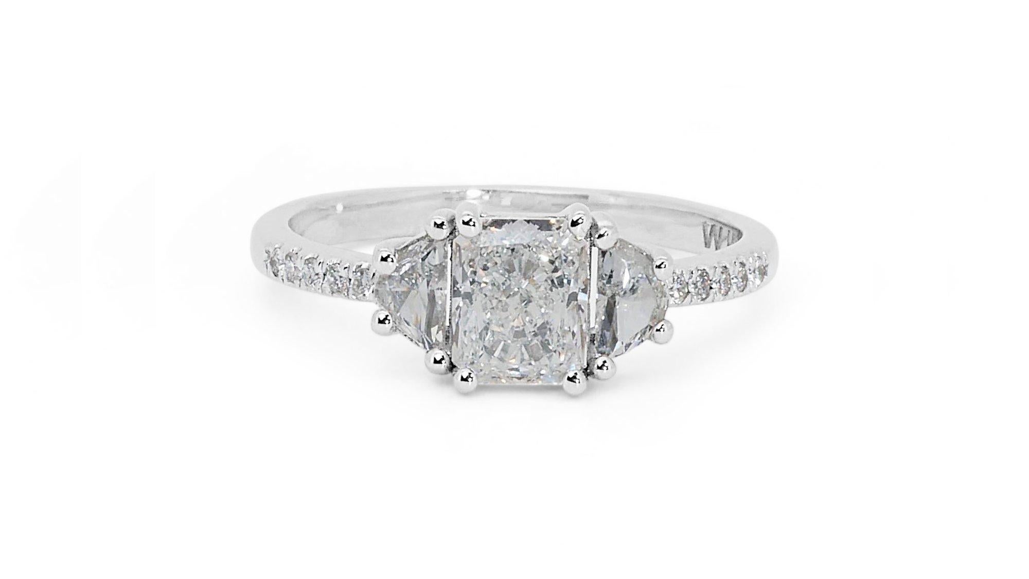 Radiant Cut Gorgeous 18k White Gold Three Stone Ring w/ 1.23ct Natural Diamonds IGI Cert.