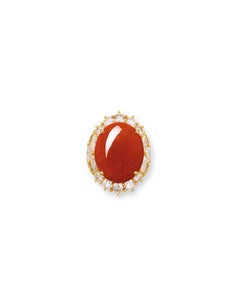 Gorgeous 18k Yellow Gold 16.33 ct Red Jade Cabochon Ring w/ 2.84 ct Diamond