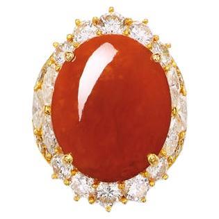 Gorgeous 18k Yellow Gold 16.33 ct Red Jade Cabochon Ring w/ 2.84 ct Diamond For Sale