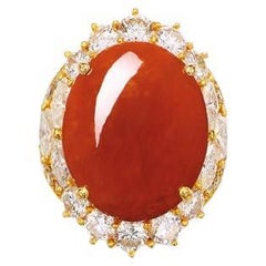 Gorgeous 18k Yellow Gold 16.33 ct Red Jade Cabochon Ring w/ 2.84 ct Diamond