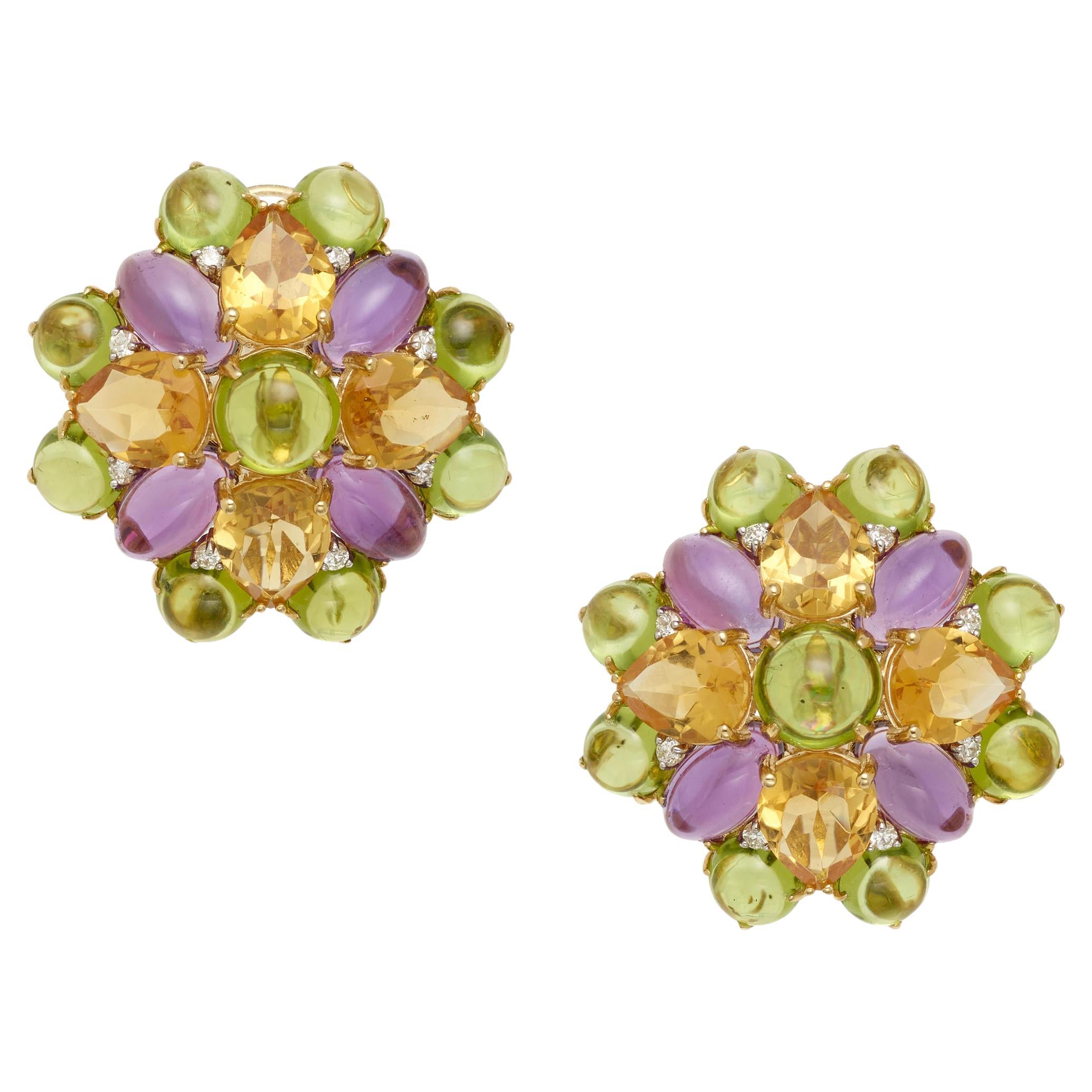 Gorgeous 18k Yellow Gold Gem-Set Floral Earrings Citrine, Amethyst, Peridot For Sale