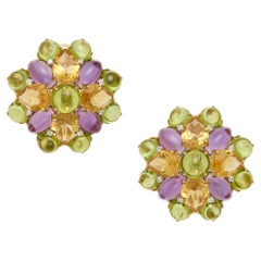 Gorgeous 18k Yellow Gold Gem-Set Floral Earrings Citrine, Amethyst, Peridot