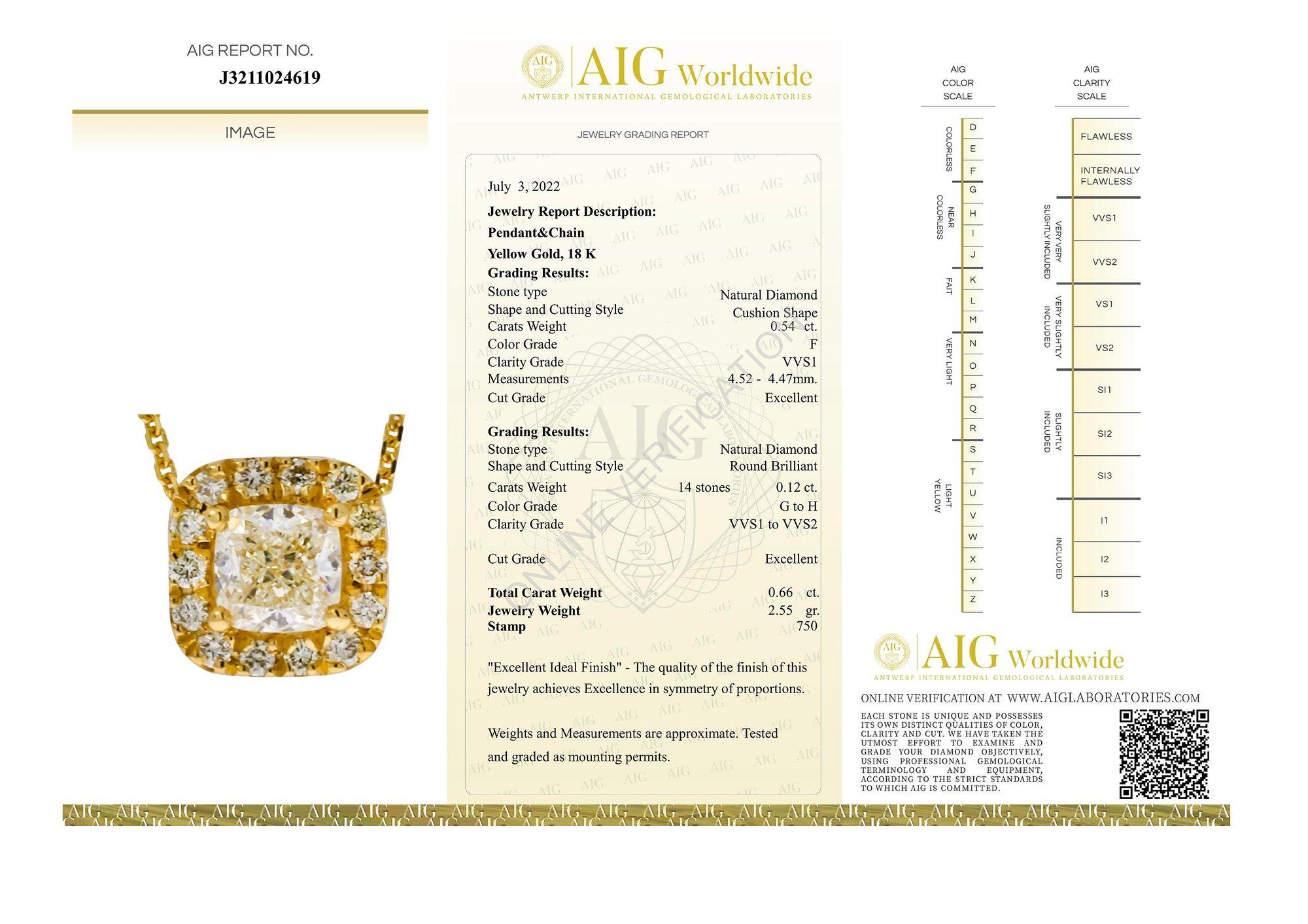 Beautiful halo diamond pendant with chain made from 18k yellow gold with 0.66 total carat of cushion shape diamond and round brilliant diamonds. This pendant with chain comes with an AIG certificate and a fancy box.

-1 diamond main stone of 0.54