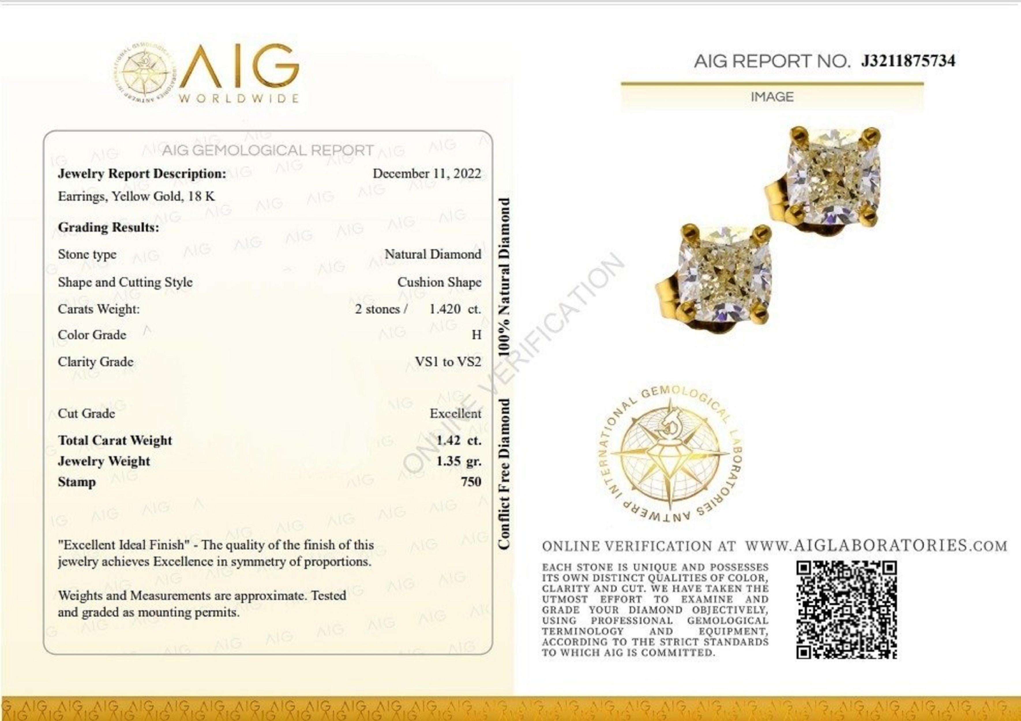 Cushion Cut Gorgeous 18k Yellow Gold Stud Earrings with 1.42 Carat Natural Diamonds AIG Cert